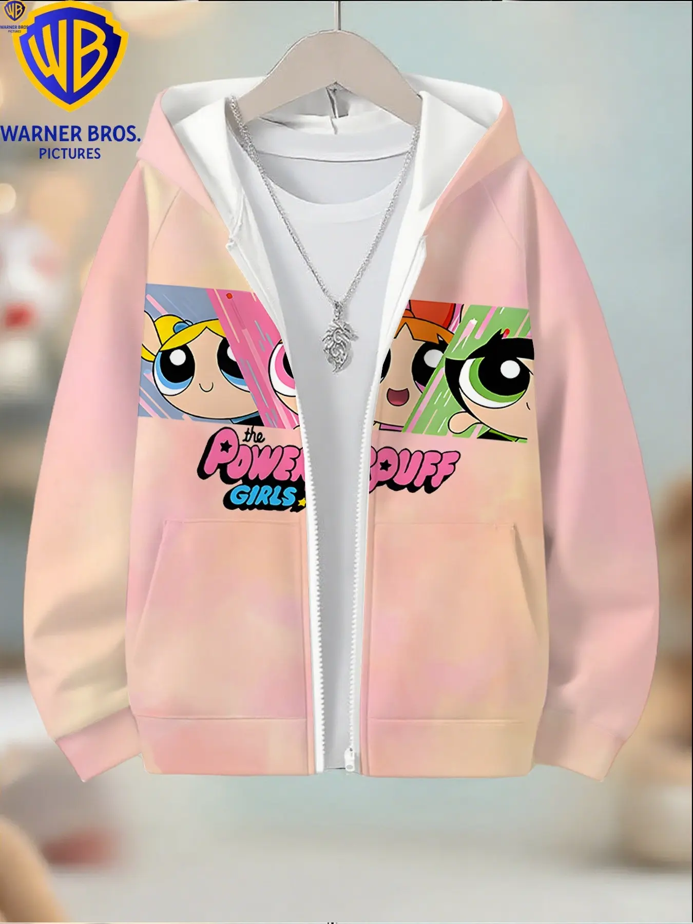 Warner Bros Official Girl's the Powerpuff Girls Hoodie, Peach Gradient Long Sleeve Zipper Jacket, Perfect for Christmas Halloween Birthday Gifts