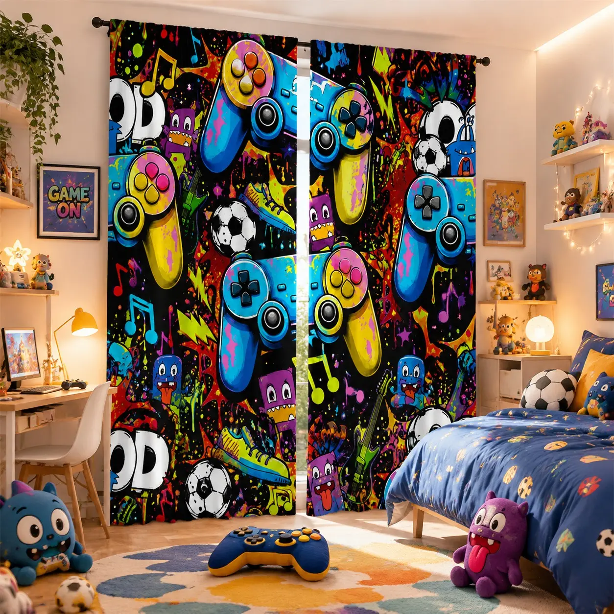 2 Piece Graffiti Game Controller Curtains, Cool Esports Street Style Blackout Curtains, Printed Fabric Curtains for Boys' Bedroom, Gaming Room