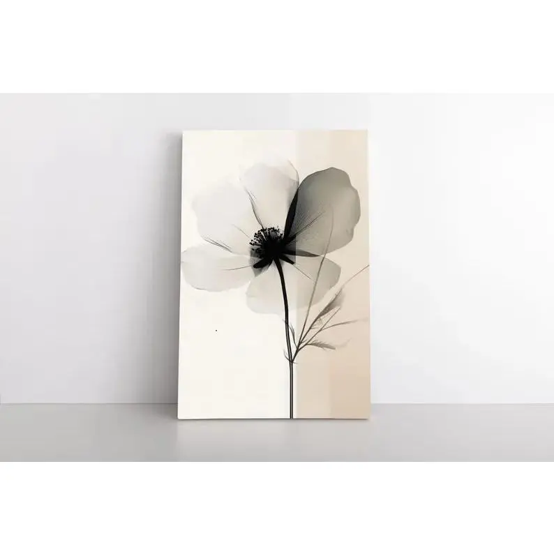 Framed Abstract Art Canvas Wall Print - Monochrome Flower Artwork with Military, Plaid, Polka Dot, Houndstooth, Marble Accents, Black-White-Beige Retro Decoration for Valentine's Day, Accent Wall, Modern Neutral Minimalist Home Decor