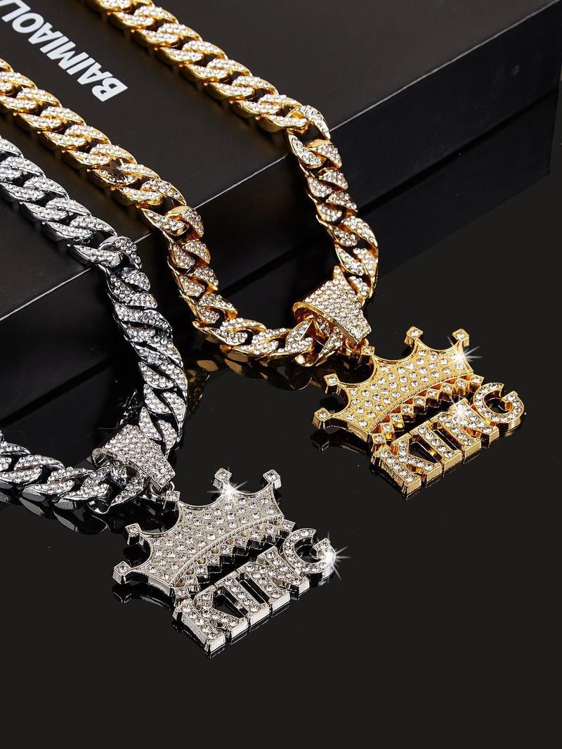 14K Gold Plated King & Crown Pendant with Austrian Rhinestones Miami Cuban Link Chain Italy & Micro Inspired Unisex Hip Hop Necklace for Men & Women Jewelry,Daily Wear, Casual Fashion, Sporty Style, Gift Idea