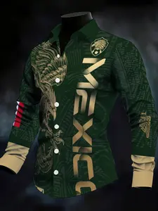 Men's Military Green Printed Long-sleeve Shirt Fashion Eagle Pattern Letter Print Casual ShirtMilitary GreenEagle,Letter Suitable for leisure and sports scenariosFootball Game Day Casual Outfit For Mexican Fans，Soccer Fan Ethnic R