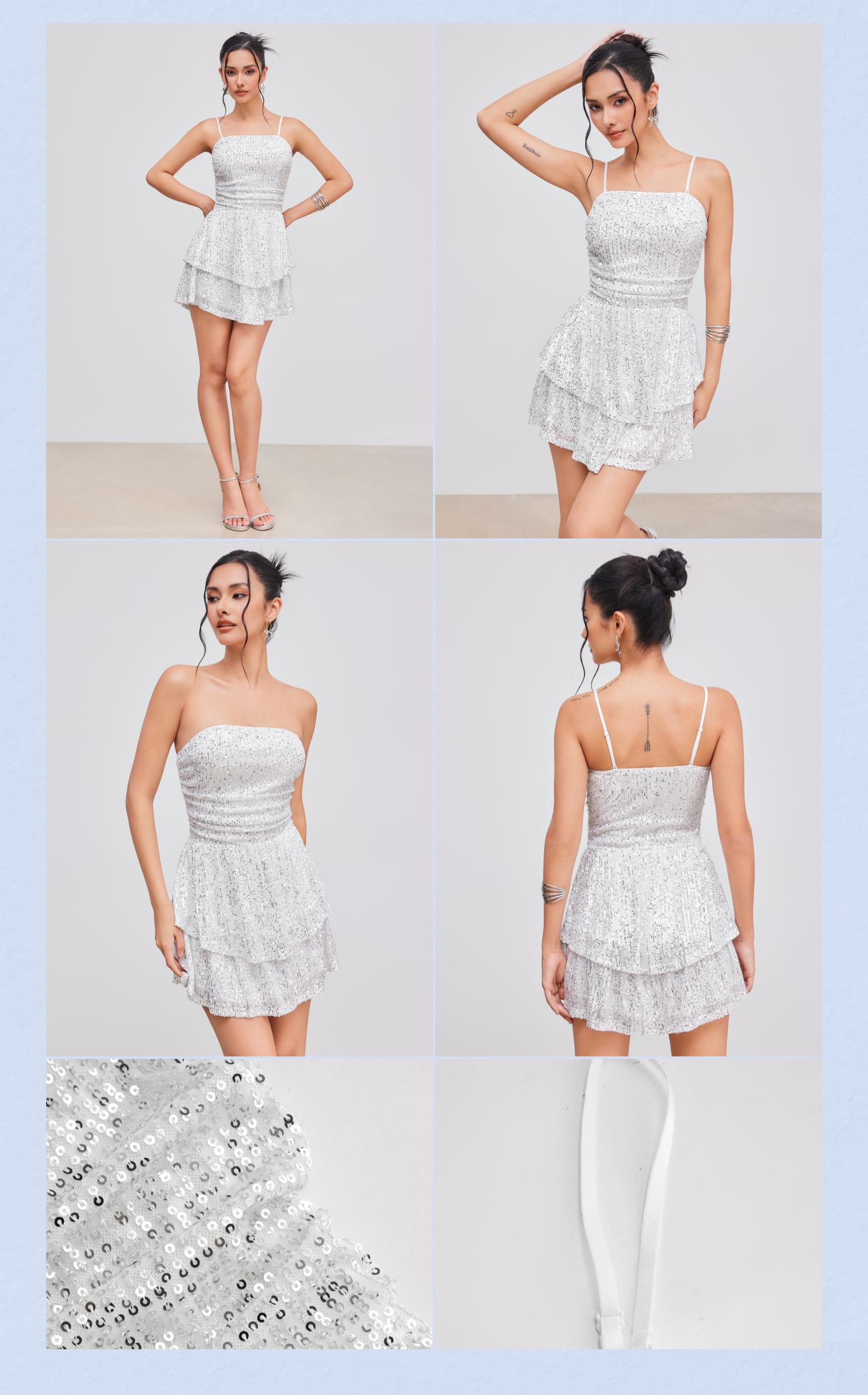 Women's Sequin Square Neck Solid Layered Ruched Mini Dress (Sizes 0-26)