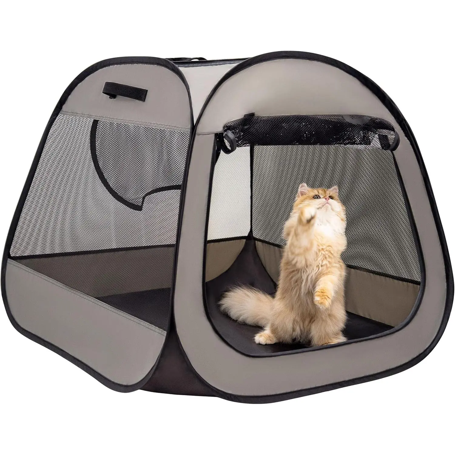 US-Based 600D Oxford Polyester Cat Playpen - Lightweight, Portable, Mesh & Plastic, Trapezoidal Stability Design, Foldable, Durable, Easy Setup/Storage, Backyard & Beach Compatible, 33" x 26.5" Indoor-Outdoor Pet Enclosure