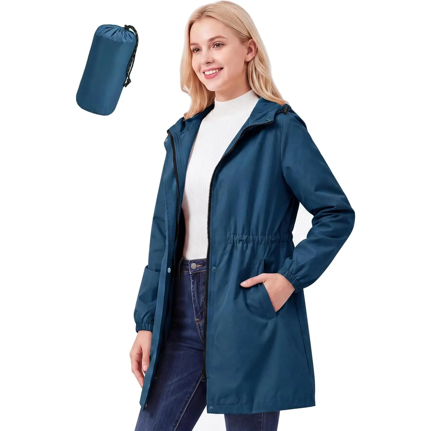 Women's Long Rain Jacket Waterproof Packable Raincoat with Hood