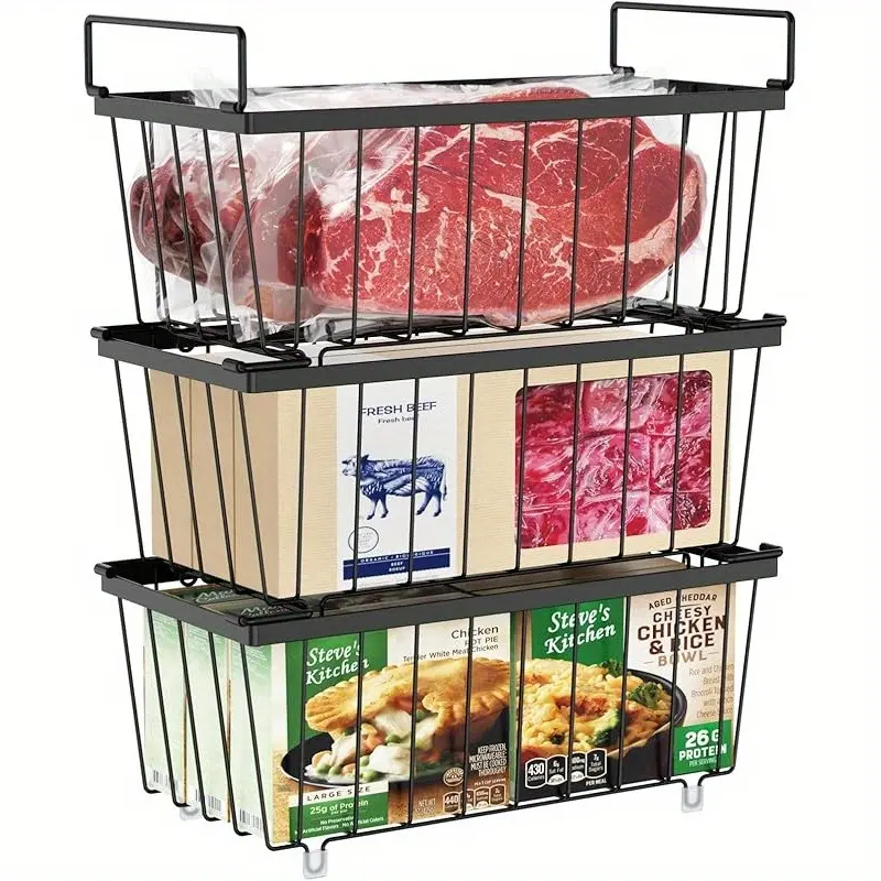 3packFreezer Organizer Bins Small Stackable Deep Freezer Organizer Bins for 7 Cu.Ft Freezers Easy Get Bottom Foods Without Digging, Chest Freezer Organizer Prevent Frozen Food Waste, Black
