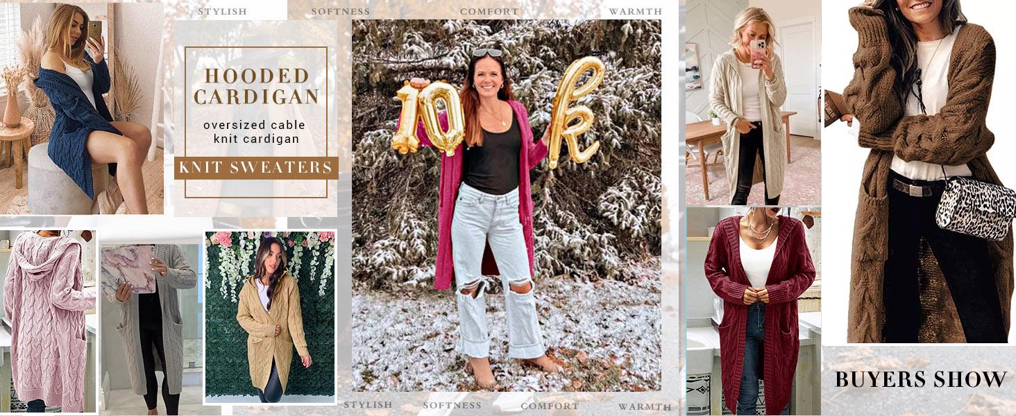 Saodimallsu Women Hooded Open Front Cardigan Cable Knit Sweaters Solid Color Chunky Long Sweater Coats