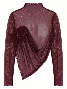 Shimmering Wave Neck Mesh Sheer Long Sleeve Top, Sexy Elegant Design, Perfect for Special Occasions, Enhance Your Style