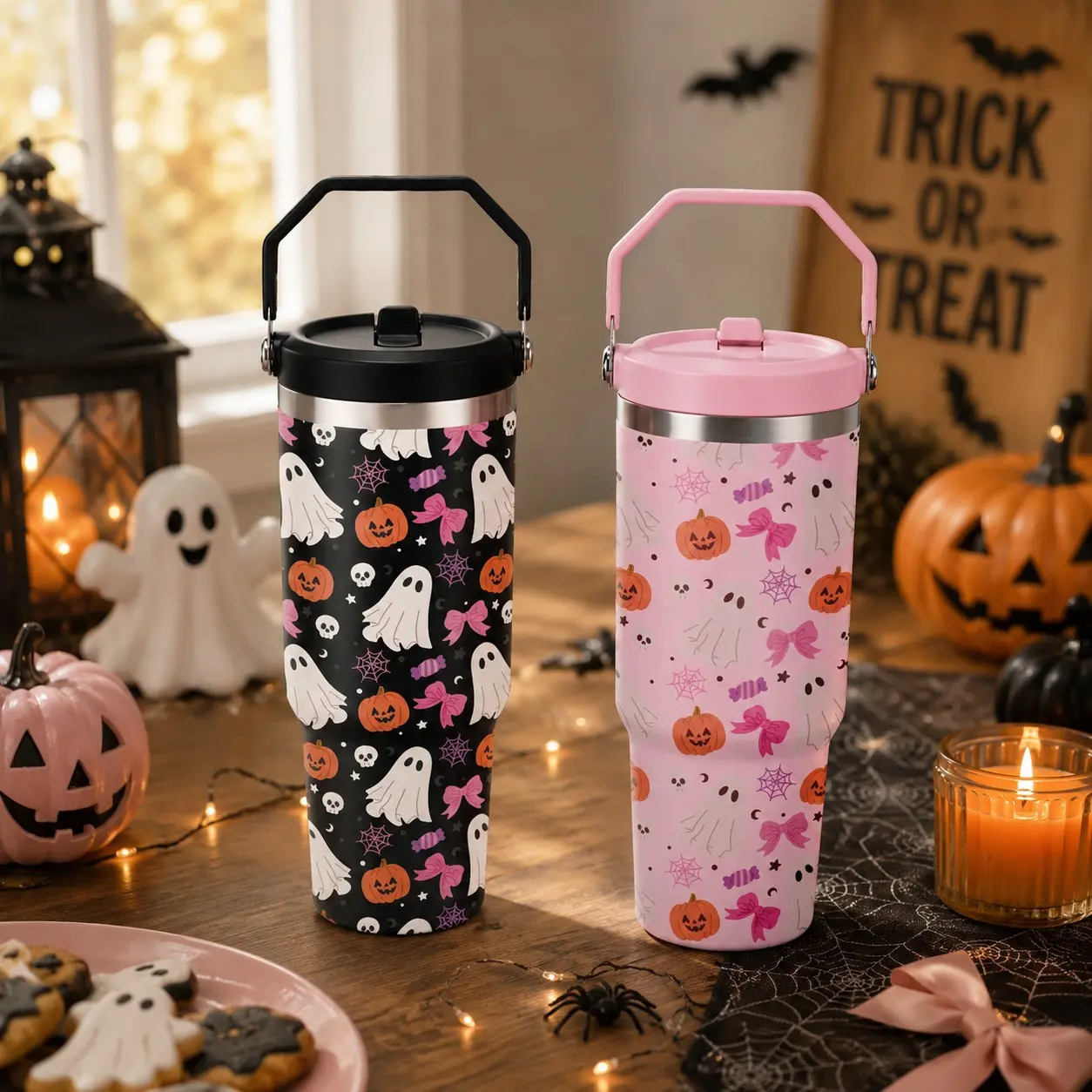 1pc 30oz Halloween Ghost & Pumpkin Print Insulated Tumbler with Handle, Double Wall Vacuum Stainless Steel Travel Mug, Flasks with Leakproof Lid & Straw, Keeps Cold for 24H & Hot for 12H, Summer Cup for Iced Coffee, Water, Office, Travel, Halloween Party