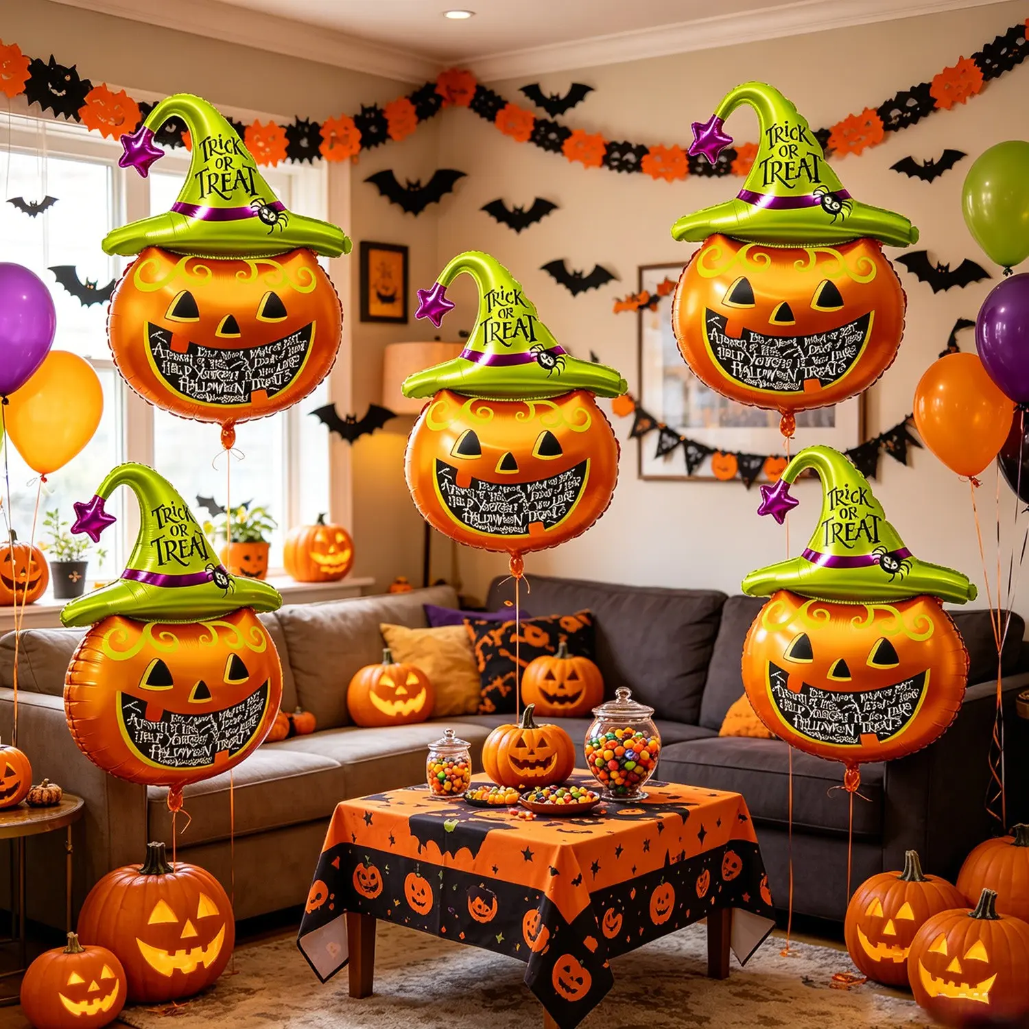 Halloween Pumpkin Aluminum Foil Balloon Set, 8 Pieces 70cm, Witch Hat Design, Party Decor, Home & Haunted House Decoration, Adult & Kids