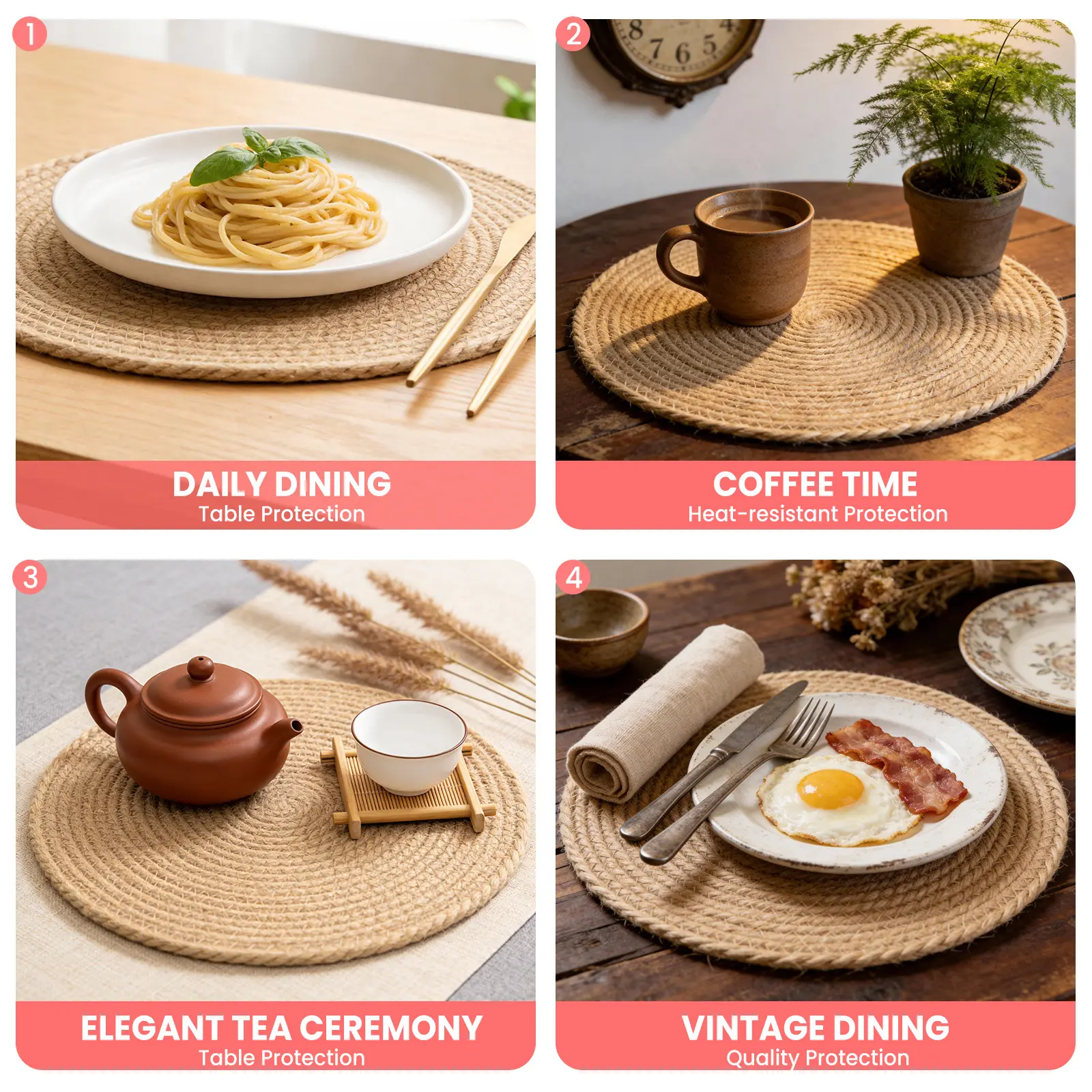 Handmade Boho Placemats Set of 8 – 12 Inch Natural Braided, Heat-Resistant, Eco-Friendly Wicker Table Mats – Boho Farmhouse Dining Table Decor for Dining Table Kitchen, Patio, Wedding, Outdoor