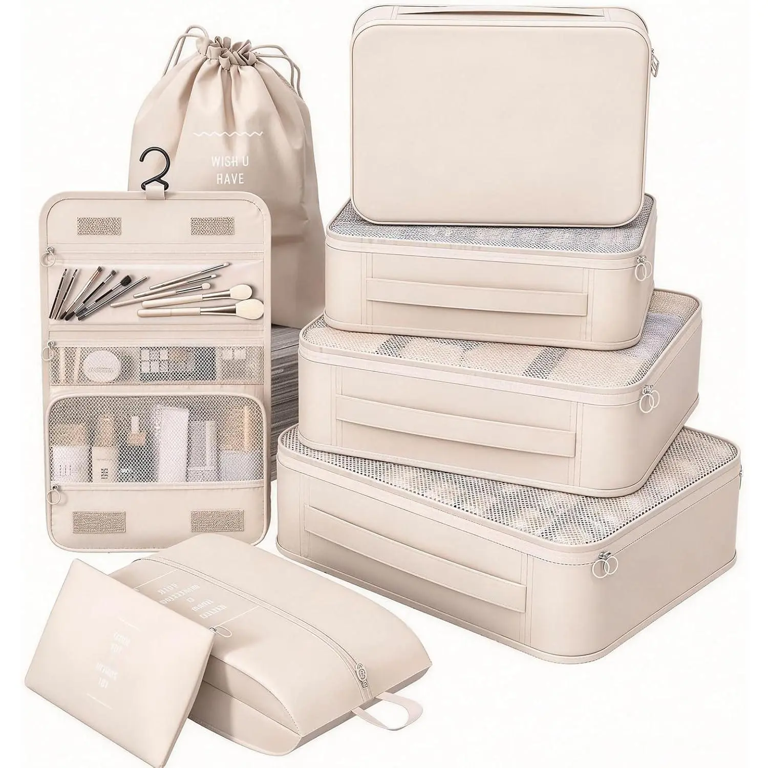 8 Set Packing Cubes for Travel,Suitcase Organizer Bags for Luggage with Shoe &  Toiletry Bag,  Essentials & Accessories for Cruise Ship, Airplane -Have,Road Trip & Camp Gifts(Cream)