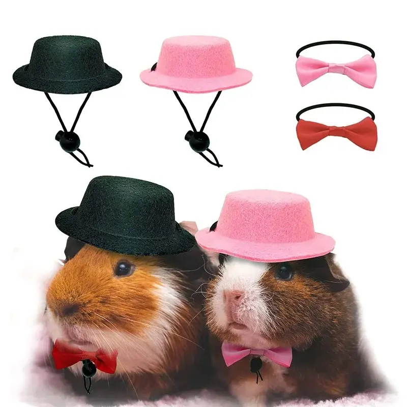 Small Pet 2-Piece Polyester Clothes Set Pack - Adjustable Bow, Cap Included, Party Wear for Guinea Pigs, Hamsters