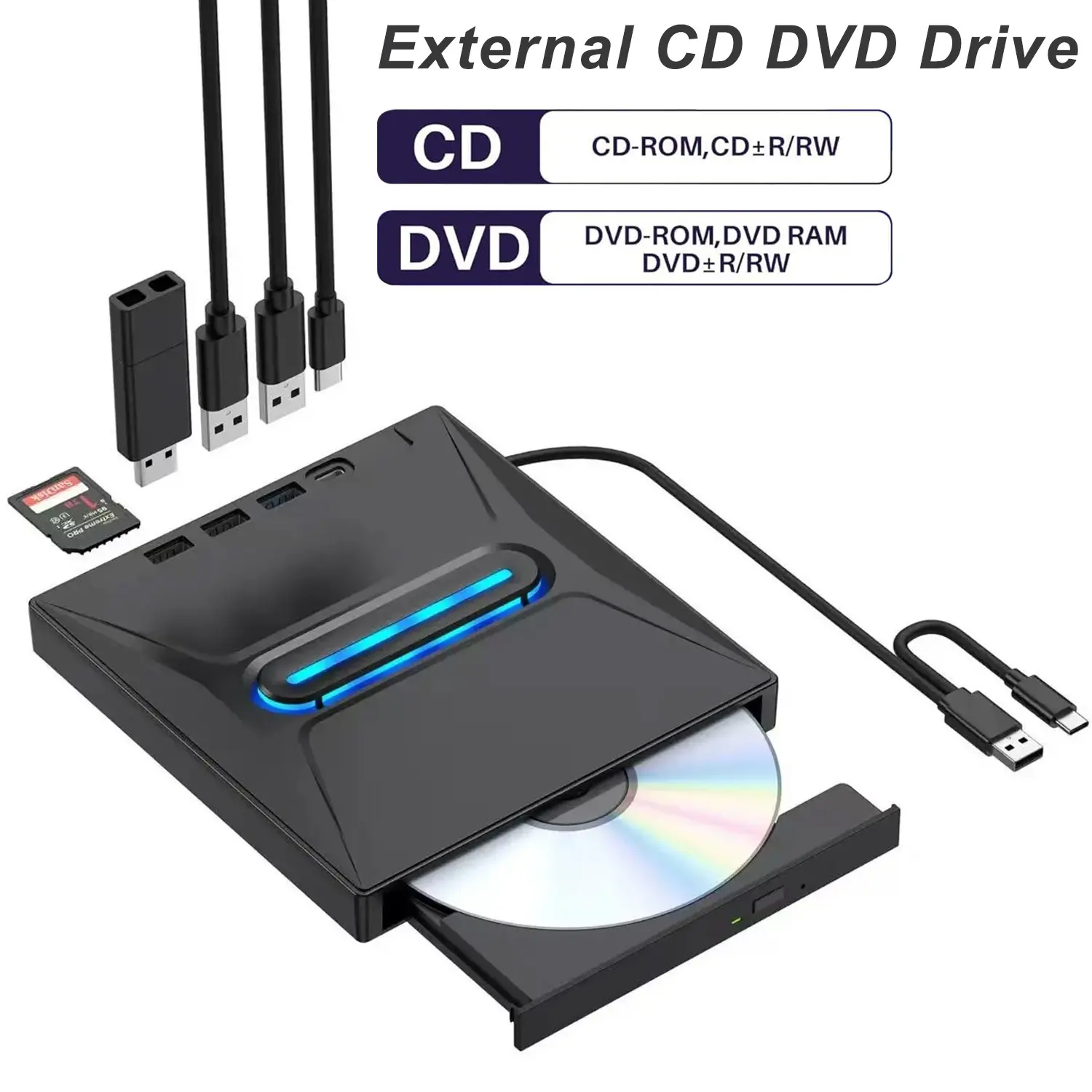 External DVD Drive for Laptops, USB 3.0 Portable CD/DVD Player Burner, Compatible with Macbook, Windows 11/10/8/7, Type-C & SD Card Slot