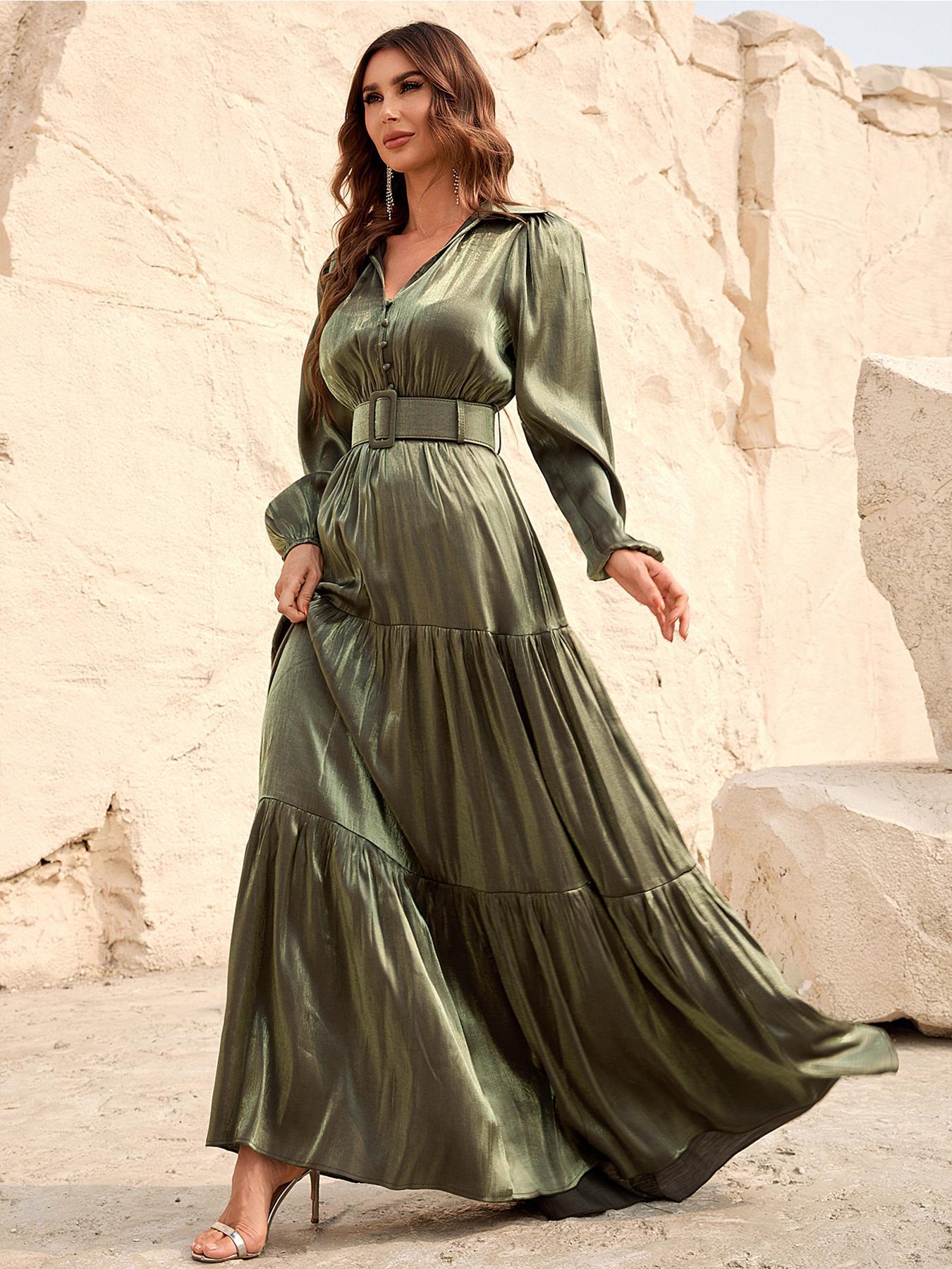 Women's Plain Buttons Belted Bishop Long Sleeve Vintage Chiffon Dress, Casual Wear, Christmas Party Dress, Elegant Collared Maxi Dress for Party Banquet Prom, Formal Dresses for Women, Ladies Fall & Winter Clothes