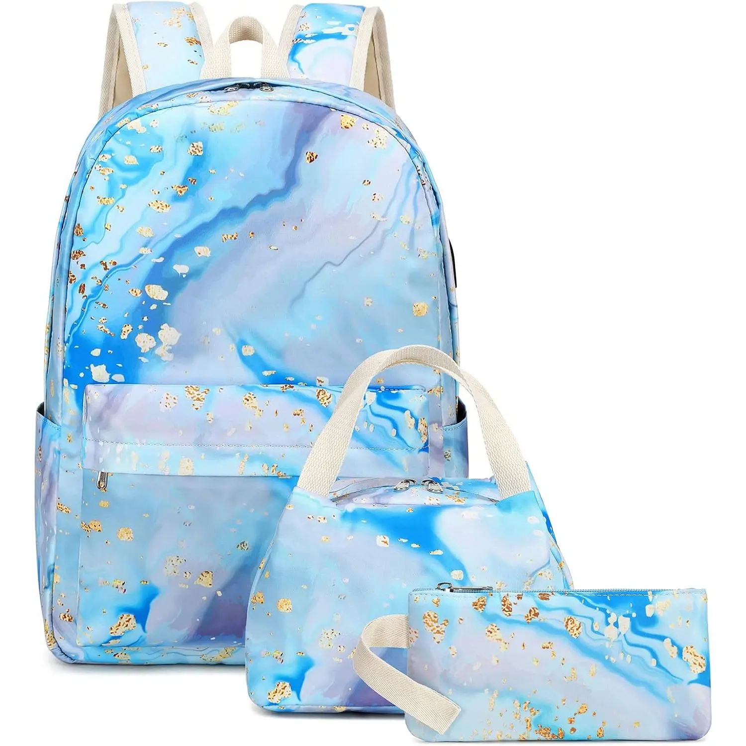 Teen Girls School Backpack  Bookbag Set with Lunch Box Pencil Case, Travel Laptop Backpack Casual Daypacks (Blue-marble)