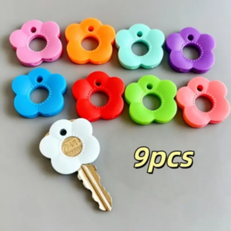 9Pcs Flower Key Cover Set Colorful Key Caps with Tags - Durable Color-Coded Key Protectors for Home Office Keys, Easy Identify Key Organizer