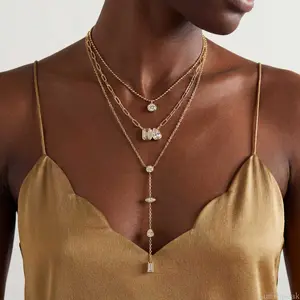 European American Layered Necklace Set, Light Luxury Y-Shaped Chain With Square Zircon & Paperclip Chain, Niche Stylish Clavicle Jewelry For Women Daily All-Match Outfits