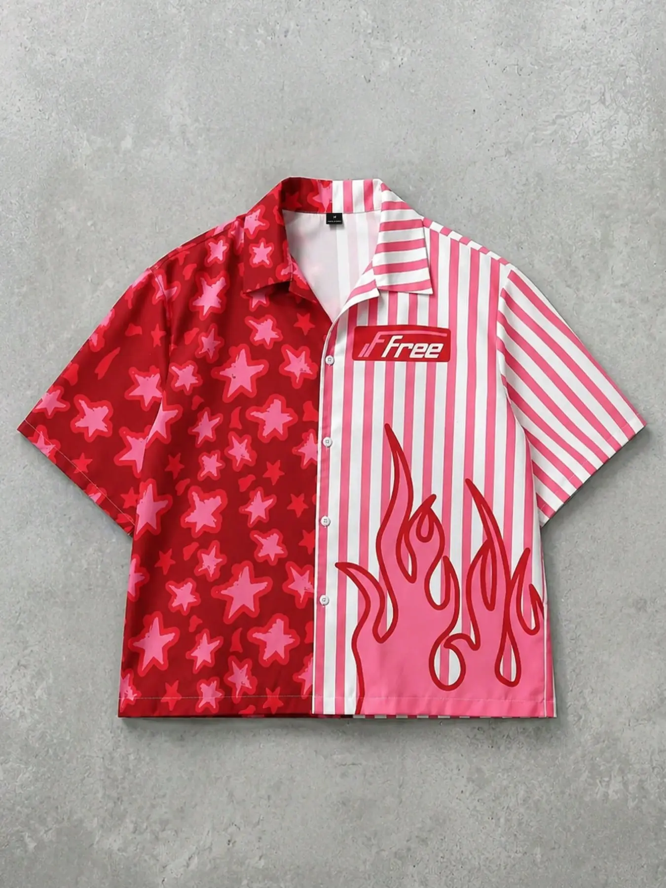 Men's Sweet & Edgy Color-block Flame Print Cropped Oversized Cuban Collar Shirt, Button Front Shirts Casual Blouse, Y2K, American Streetwear, Casual Style Graphic, Unisex Couples Outfit, Ideal for Skateboarding, Music Festivals, Holiday Gift