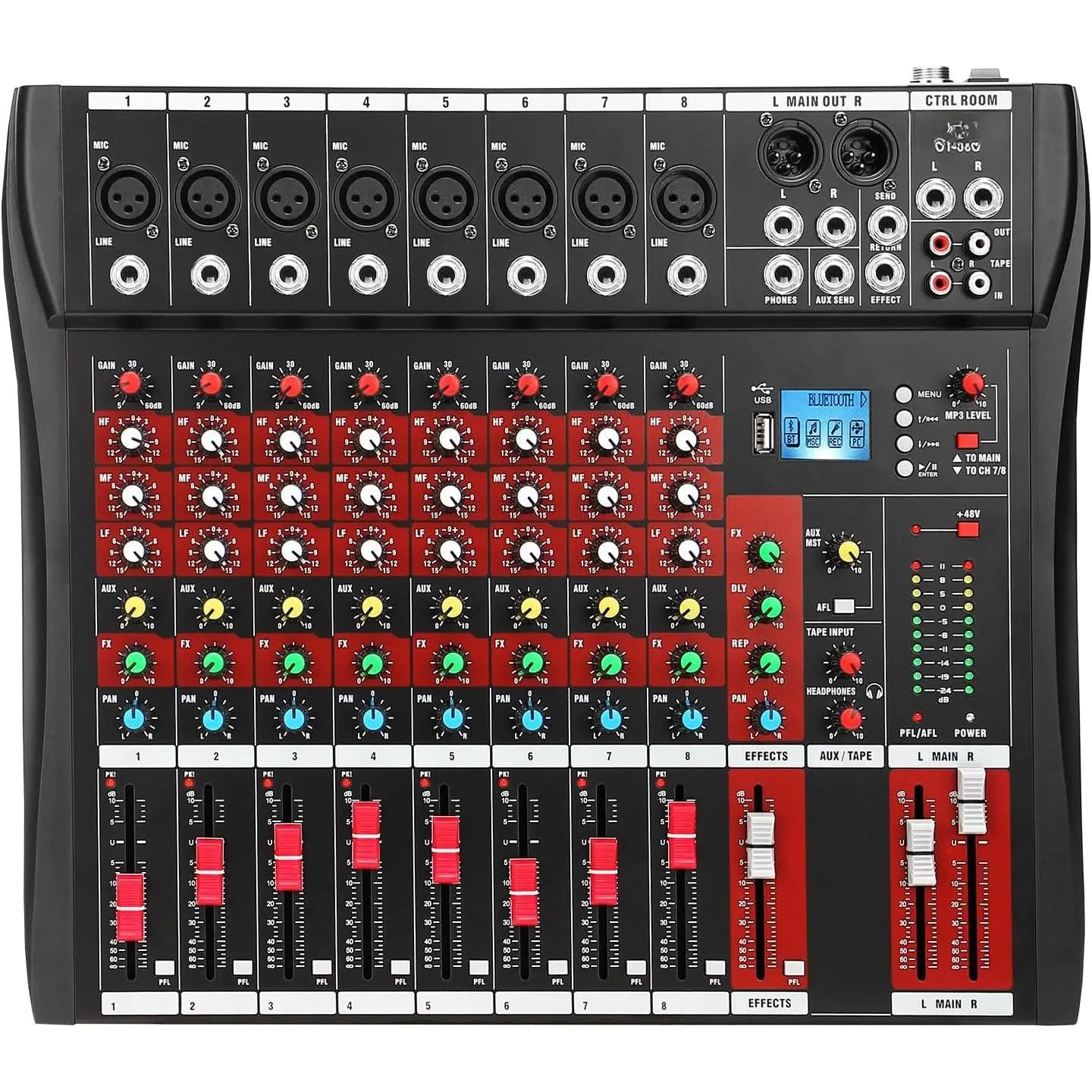 8  Audio Mixer, Professional  Mixer Board DJ Mixing Console with , USB/MP3 Player, Reverb, and 48V Phantom Power for Studio Recording, Karaoke, and Live Performances