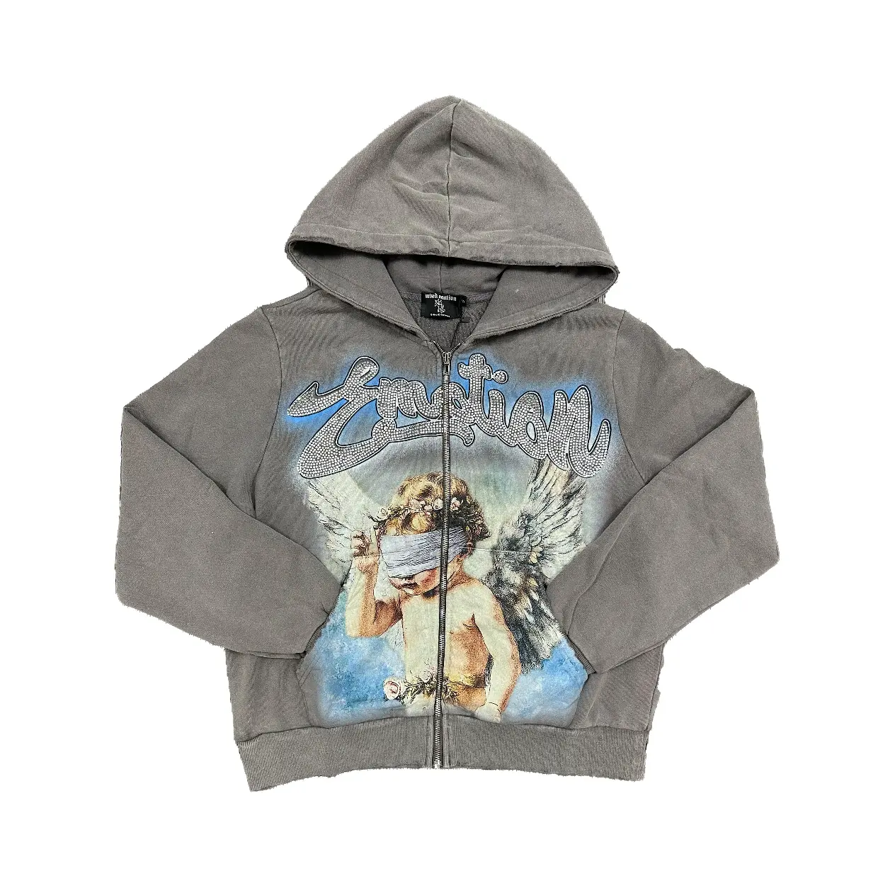 MIXED EMOTIONS Grey Rhinestone Hoodie, Y2K Heavyweight Cotton Loose Oversized Sweatshirt for Men Women, Casual Downtown Streetwear Outfit
