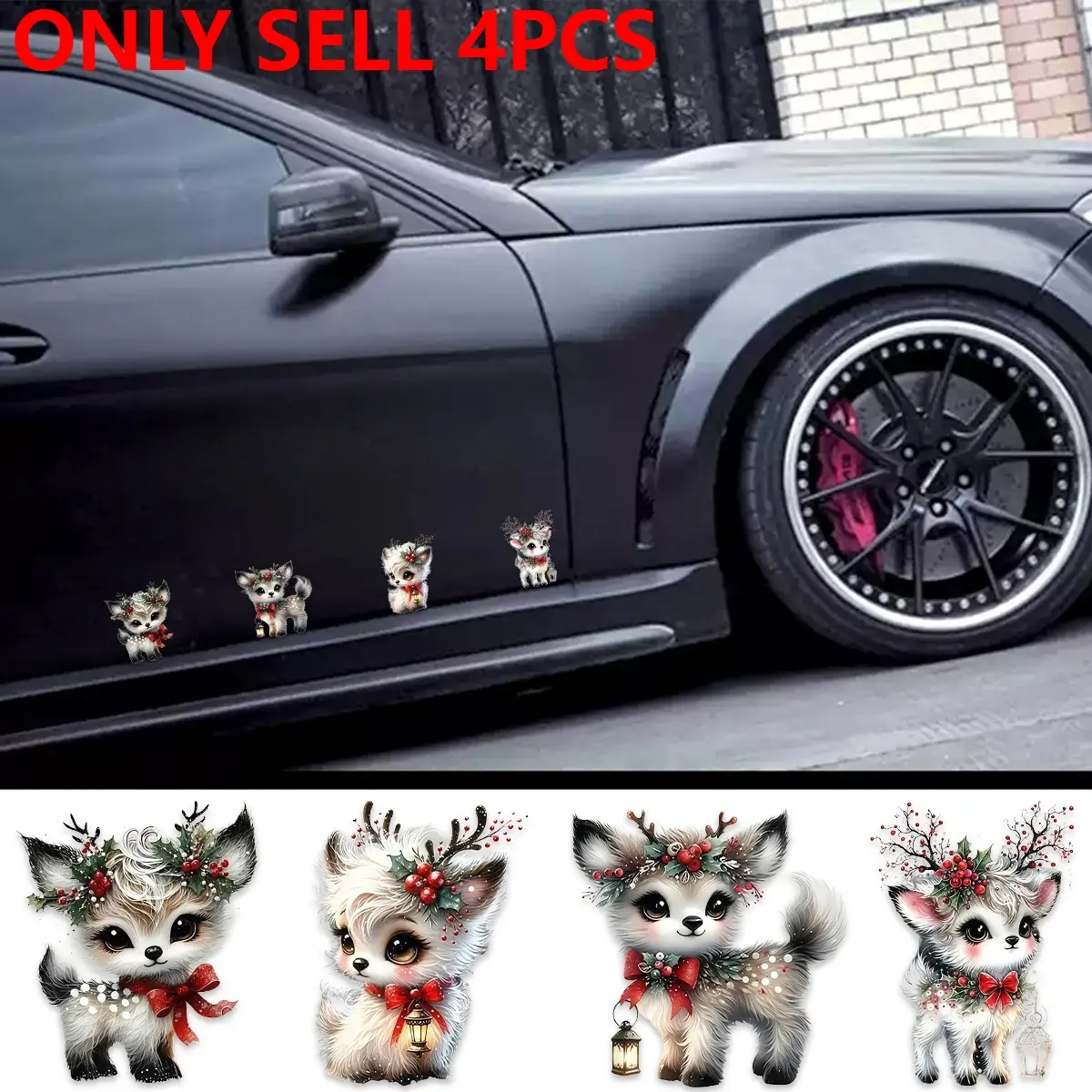 4-piece Cute Christmas Reindeer Car Stickers, Personalized Creative High-Quality Self-Adhesive Decals; Waterproof and Durable, Sunproof and Fade-Resistant; Suitable for Car Body, Quarter Window, Bumper, etc.; The Perfect Choice for Christmas Stickers