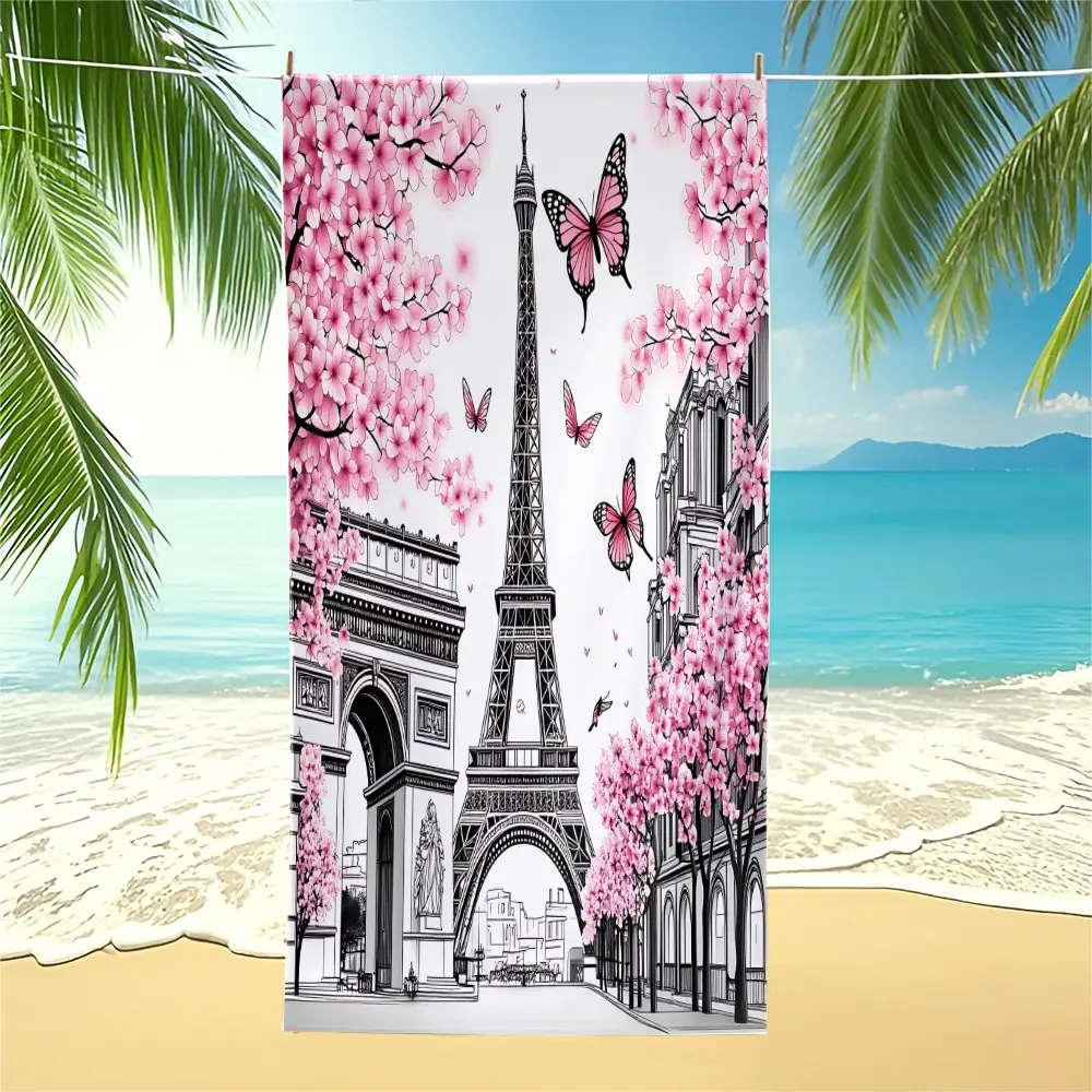 French-Style Cherry Blossom and Eiffel Tower Floral Pattern Beach Towel Features a Beautiful Digital Printing Design. It's Perfect for French-Style Vacations, Beach Photoshoots, and Outdoor Relaxation, Making It The Ideal Accessory for Summer!