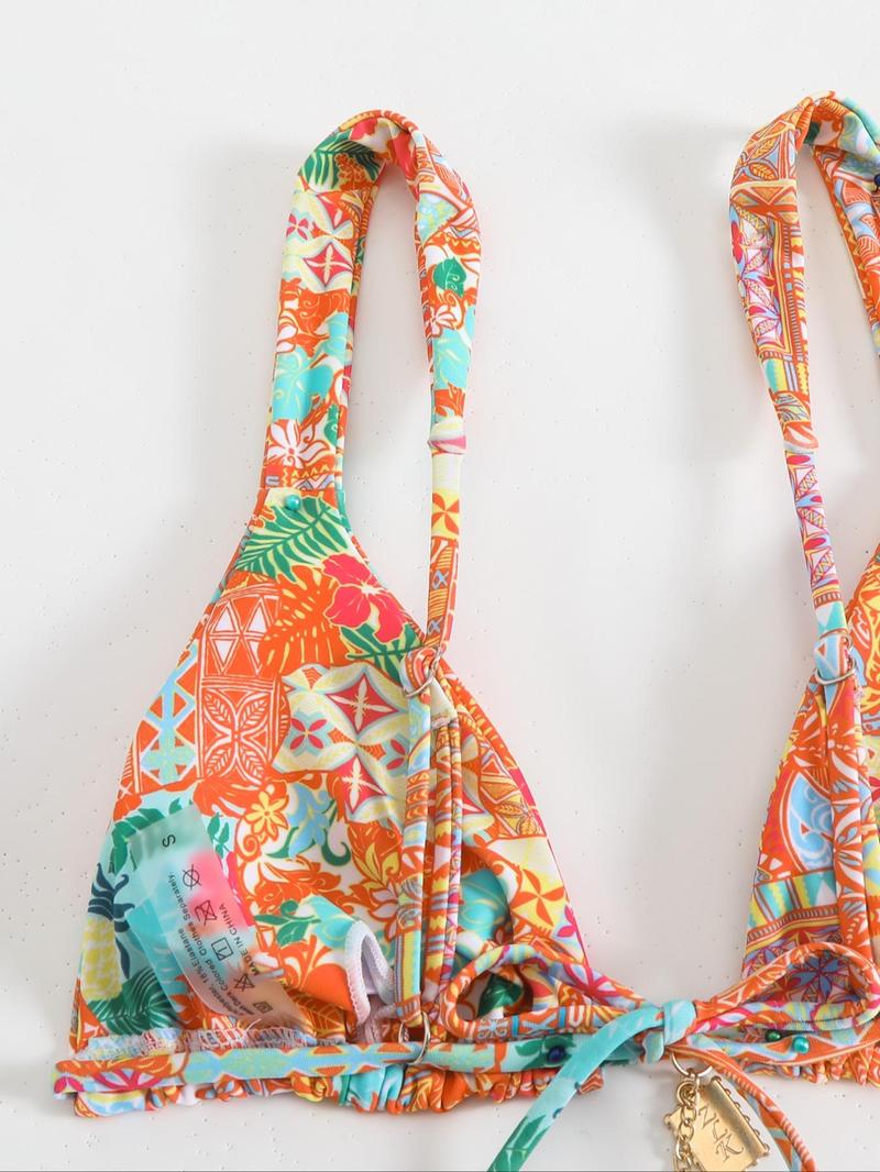 Women's Floral Bikini Set, Sexy Triangle Two-Piece Swimsuit, Sleeveless Party Style, All-Season Wear, Tie Back Design