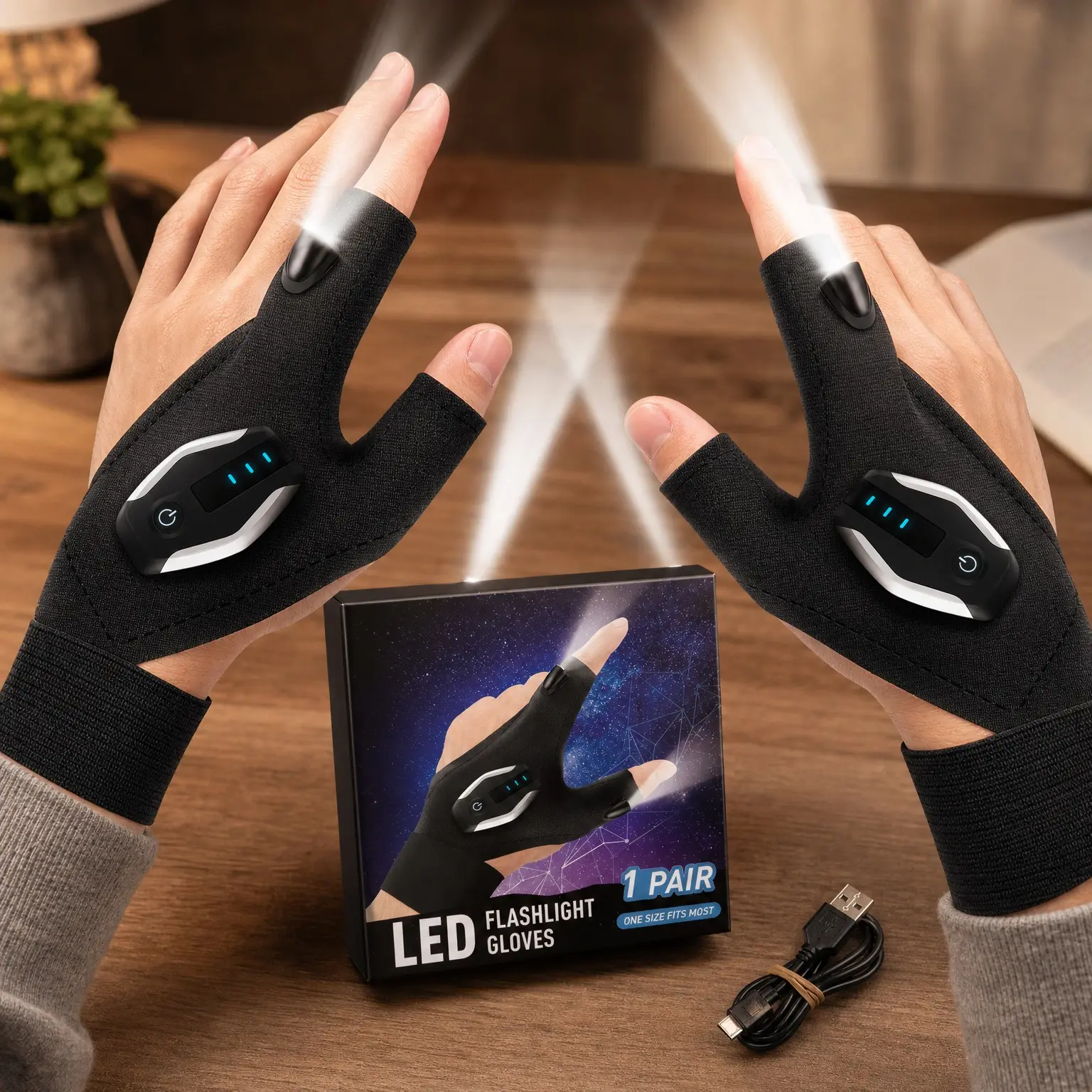 Stocking Stuffers for Adults Men Rechargeable LED Flashlight Gloves, Anniversary Birthday Gifts for Dad Him, Gifts for Men Who Have Everything, LED Gloves for Hunting Fishing Repairing GadgetGift