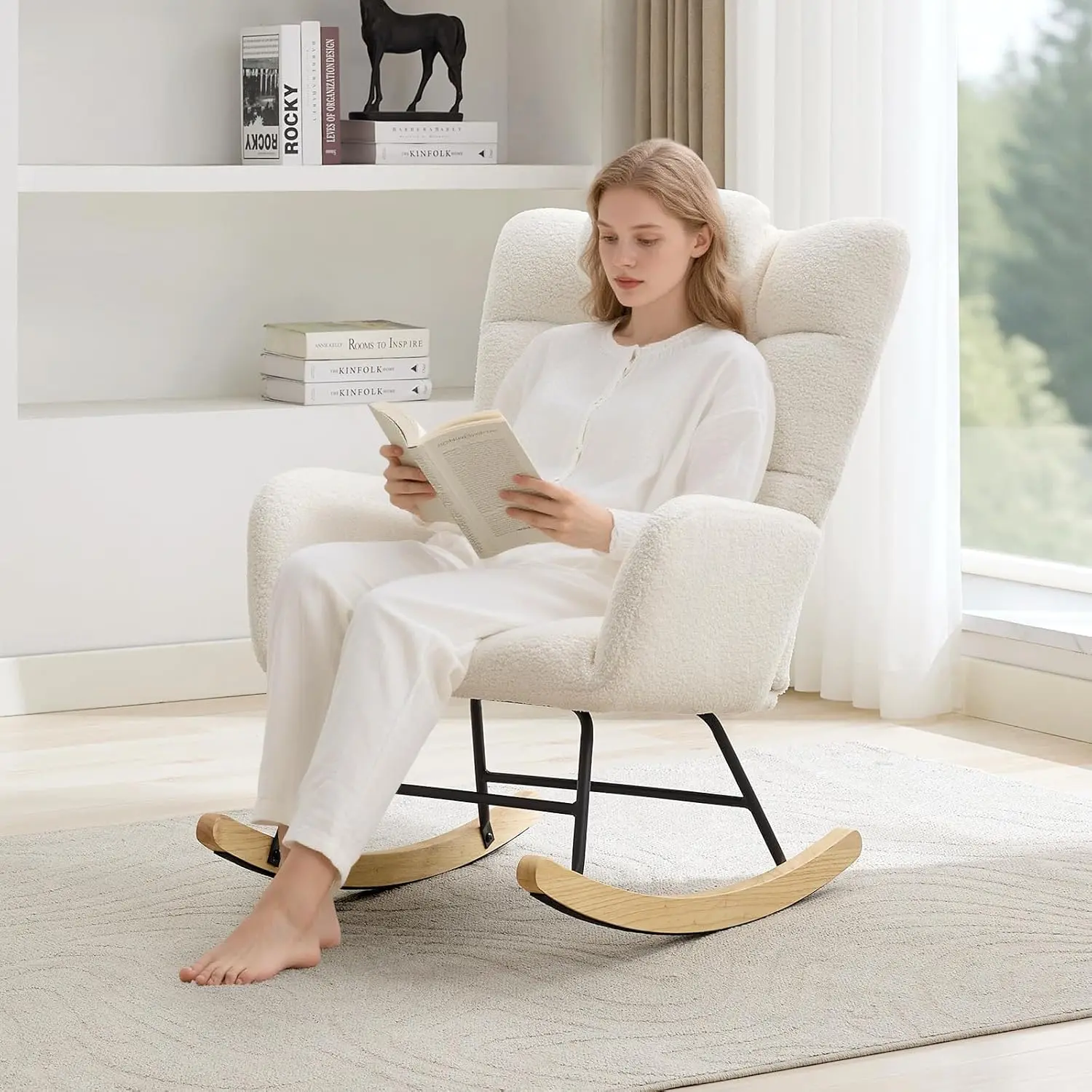 Modern Upholstered Rocking Chair with Teddy Fabric, High Back Glider Rocker for Living Room, Cozy Reading Armchair with Soft Cushion for Nursery, Bedroom, Office, Living Room