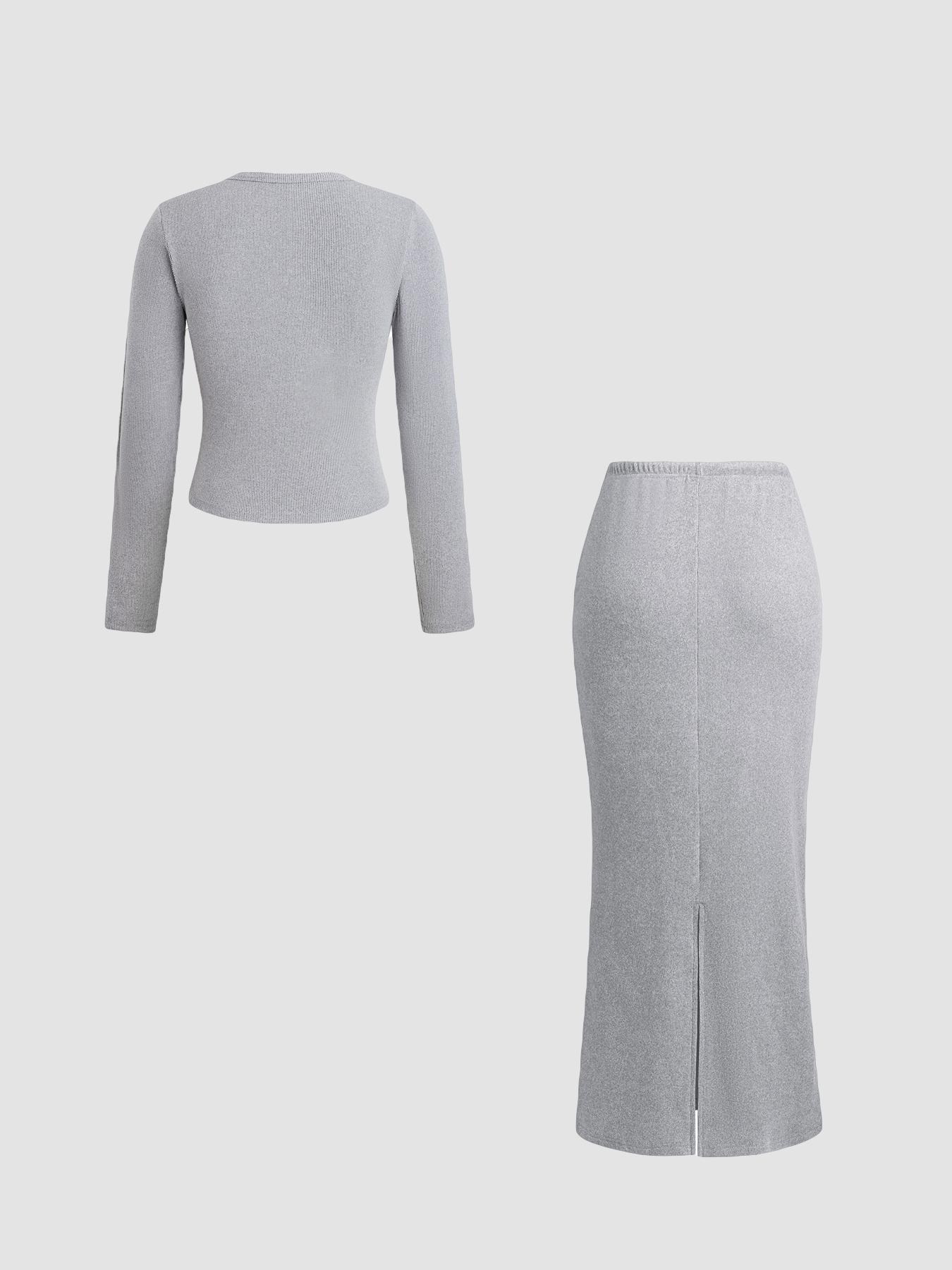 Women's Slim-Fit Long Sleeve Knitted T-Shirt Set, Elegant A-Line Skirt, Spring & Fall Fashion, Basic Style, Moderate Fabric