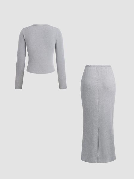 Women's Slim-Fit Long Sleeve Knitted T-Shirt Set, Elegant A-Line Skirt, Spring & Fall Fashion, Basic Style, Moderate Fabric