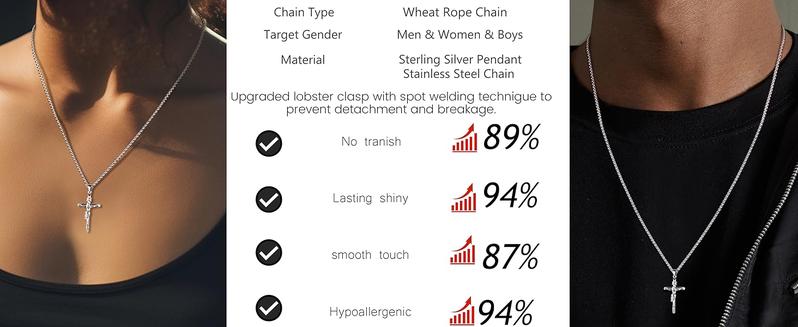 Besteel Silver Crucifix Pendant Necklace  for Women - Men's Sterling Silver Crucifix Necklace charm with Stainless Steel Rope Chain Catholic Baptism Jesus Cross Necklace Jewelry mens