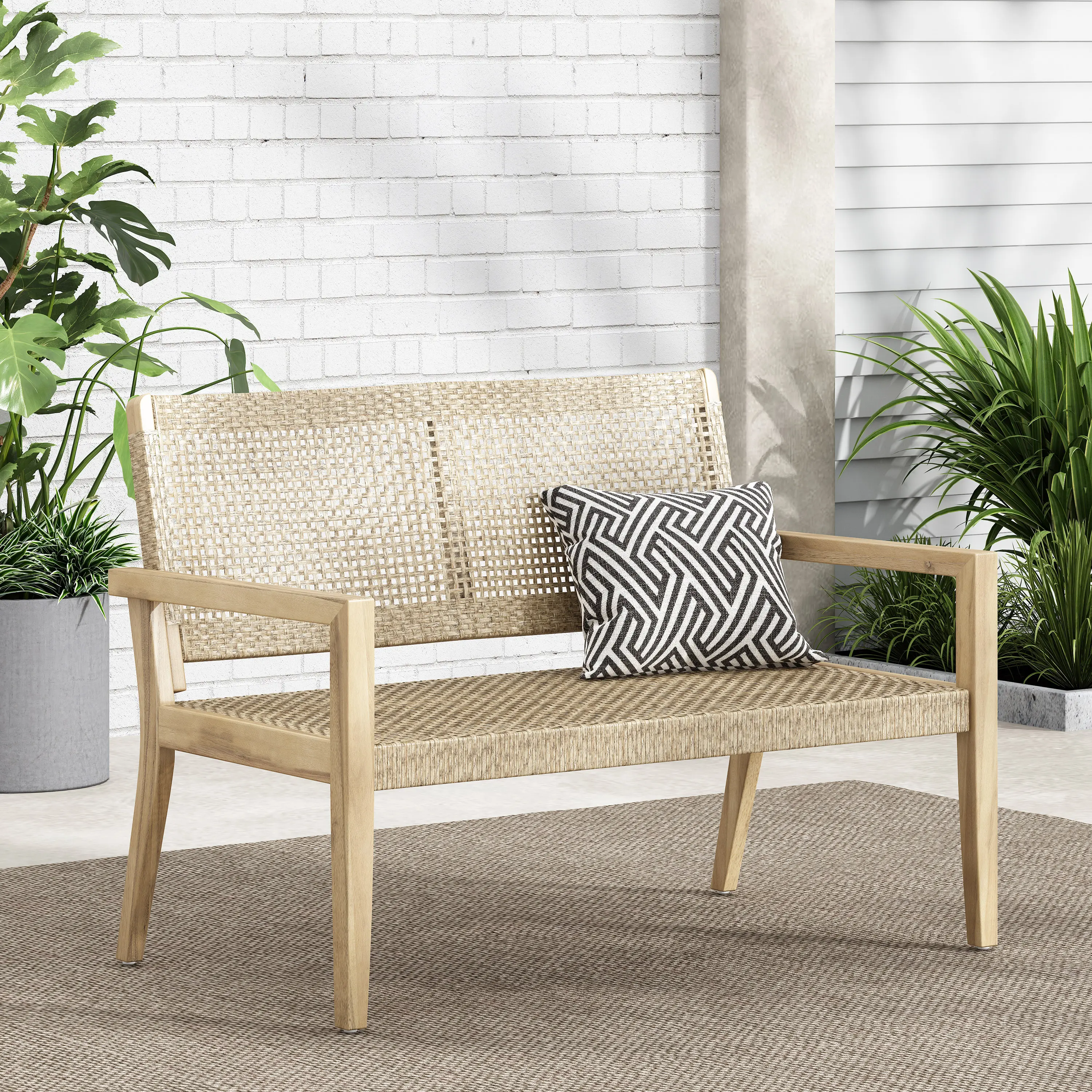 Nokaa Outdoor Loveseat 2-Seater Patio Wicker Acacia Wood Frame Flat Rattan Sofa for Backyard Garden Porch Deck Balcony, Brown, 46.5W x 27.25D x 34H in, Assembly Required, Brown Color, Acacia Wood Material