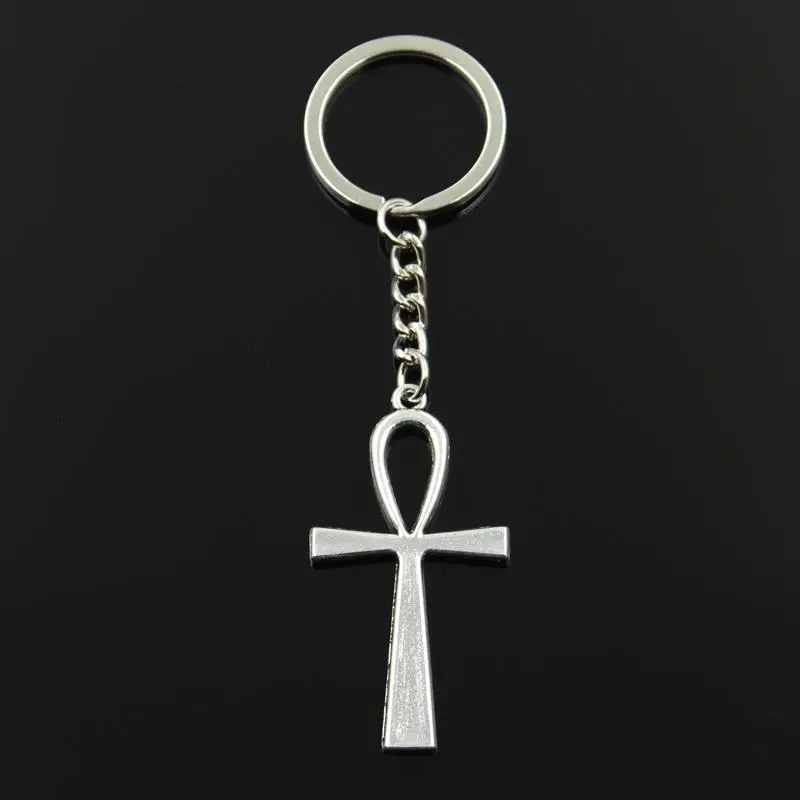 Vintage Fashion Metal Keychain - All Seasons Accessory, 30mm Key Ring, 52x28mm Antique Bronze/Silver Egyptian Ankh Cross Pendant, Fine Steel & Glass Costume Jewelry, No Excessive Decorations