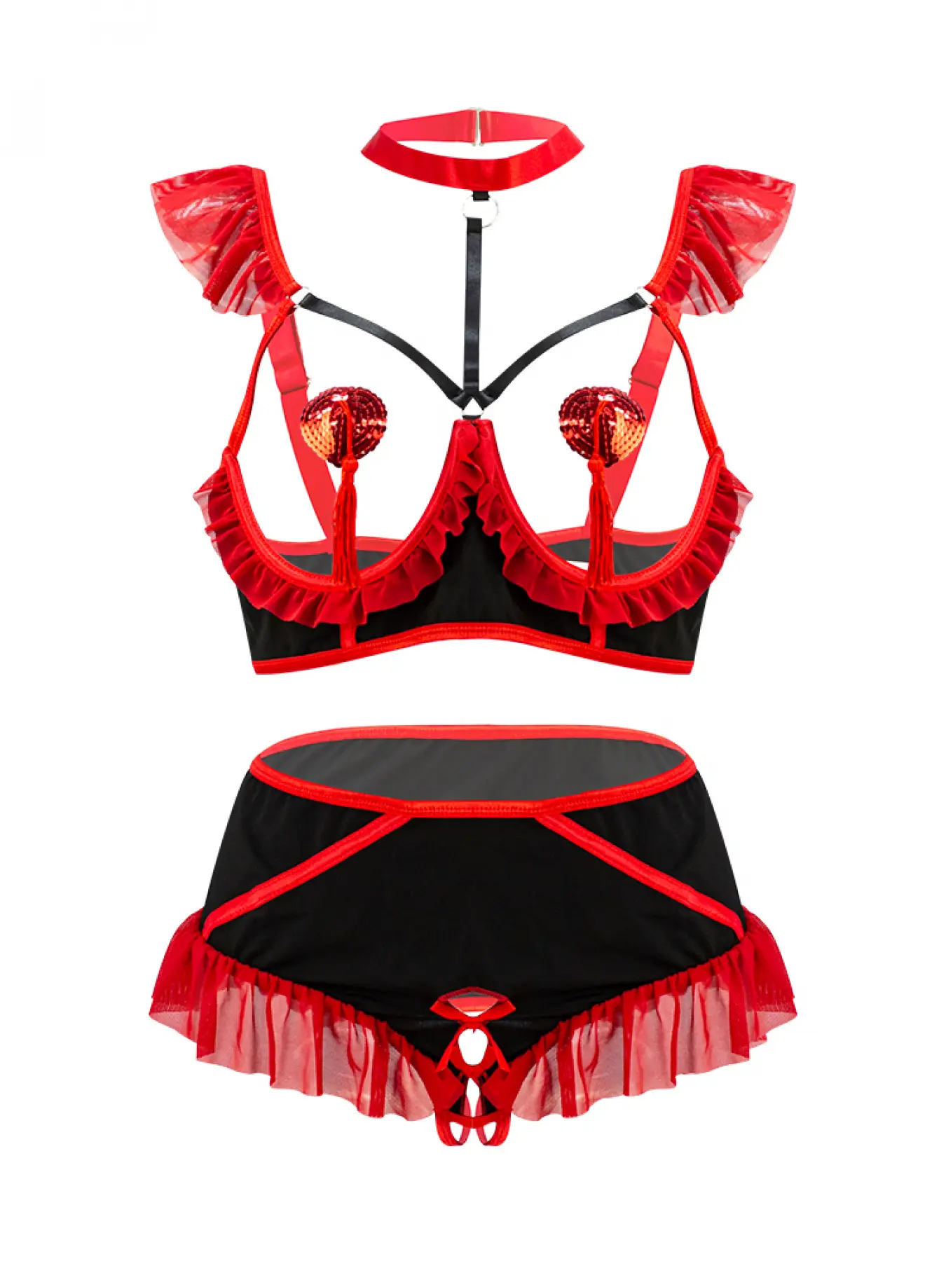 Plus Size Sexy Strappy Matching Lingerie Set Open Crotch with Heart Tassel Nipple Pasties 2 Pack Bra with Underwire Underwear Adult Nightwear for Women Girlfriend Gift