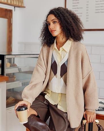 Saodimallsu Womens Oversized Cardigan Sweaters Open Front Chunky Knit Casual Long Lantern Sleeve Fall Sweater Coats chunky  cardigans  for  women