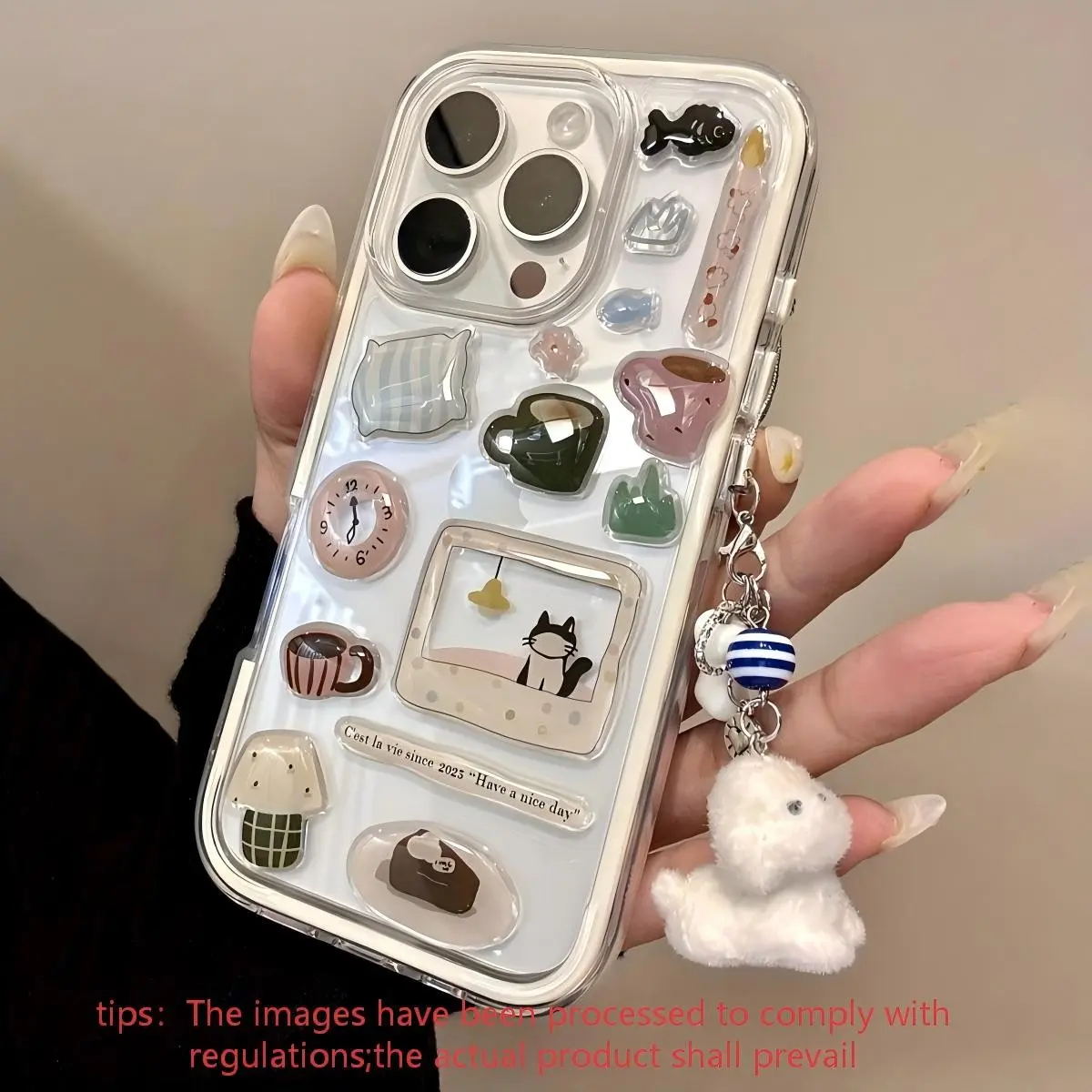 DIY Cute Cartoon Cat Resin Graphic Decal + Adorable Hanging Charm 2-in-1 Transparent Protective Cellphone, Smartphone Casing iPhone Case Cover for iPhone 17/17 Pro/17 Pro Max/16 Pro Max/16 Pro/15/14/13/12/11 Series Accessories, Protector