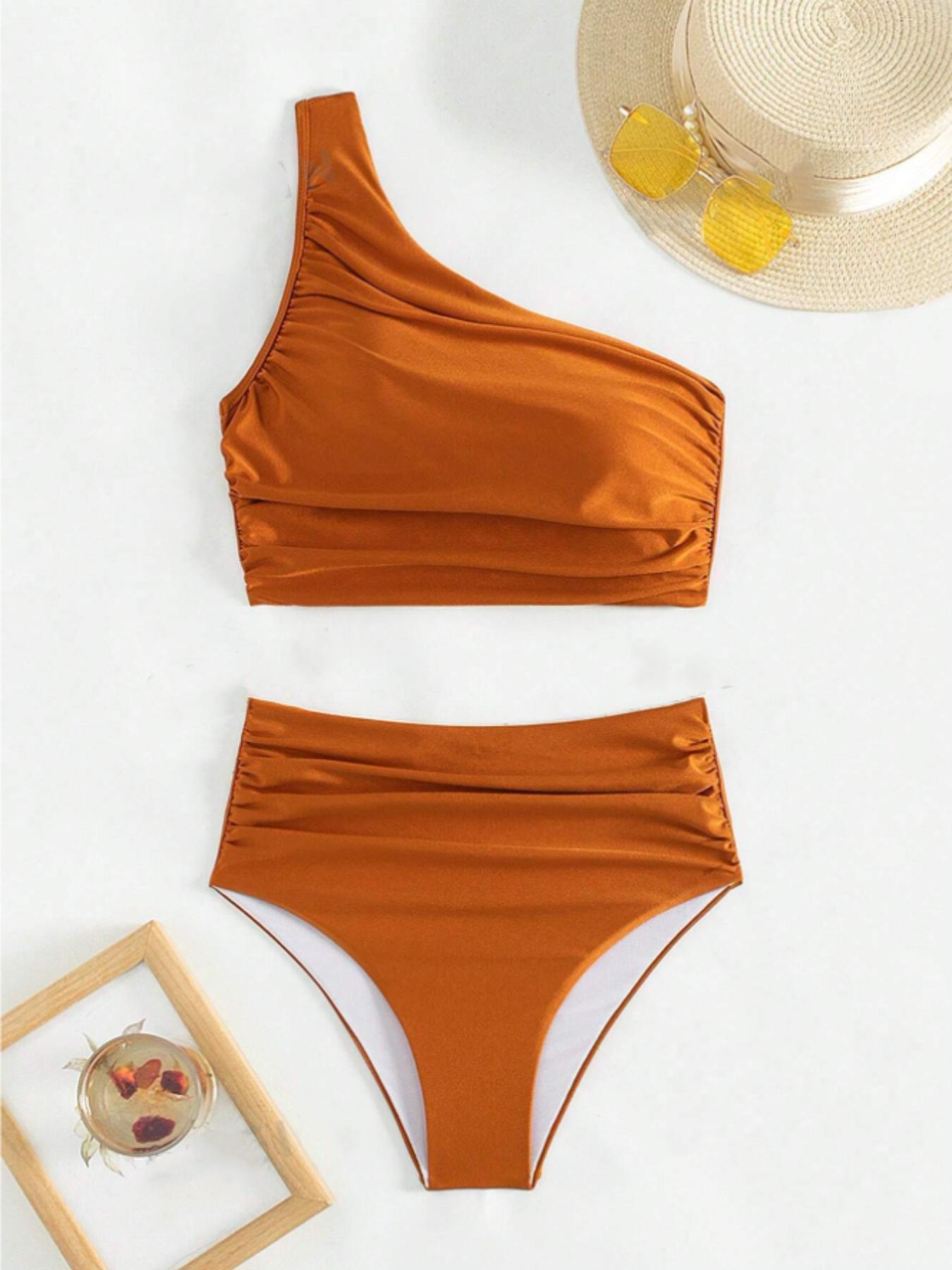 Ladies' pure-colored asymmetric-neck sleeveless pleated slim-fitting split swimsuit, Solid Ruched Swim Suits, with a shiny fabric that shines like stars, 2026 new, suitable for vacation, hot spring tourism, and gatherings, high-waisted