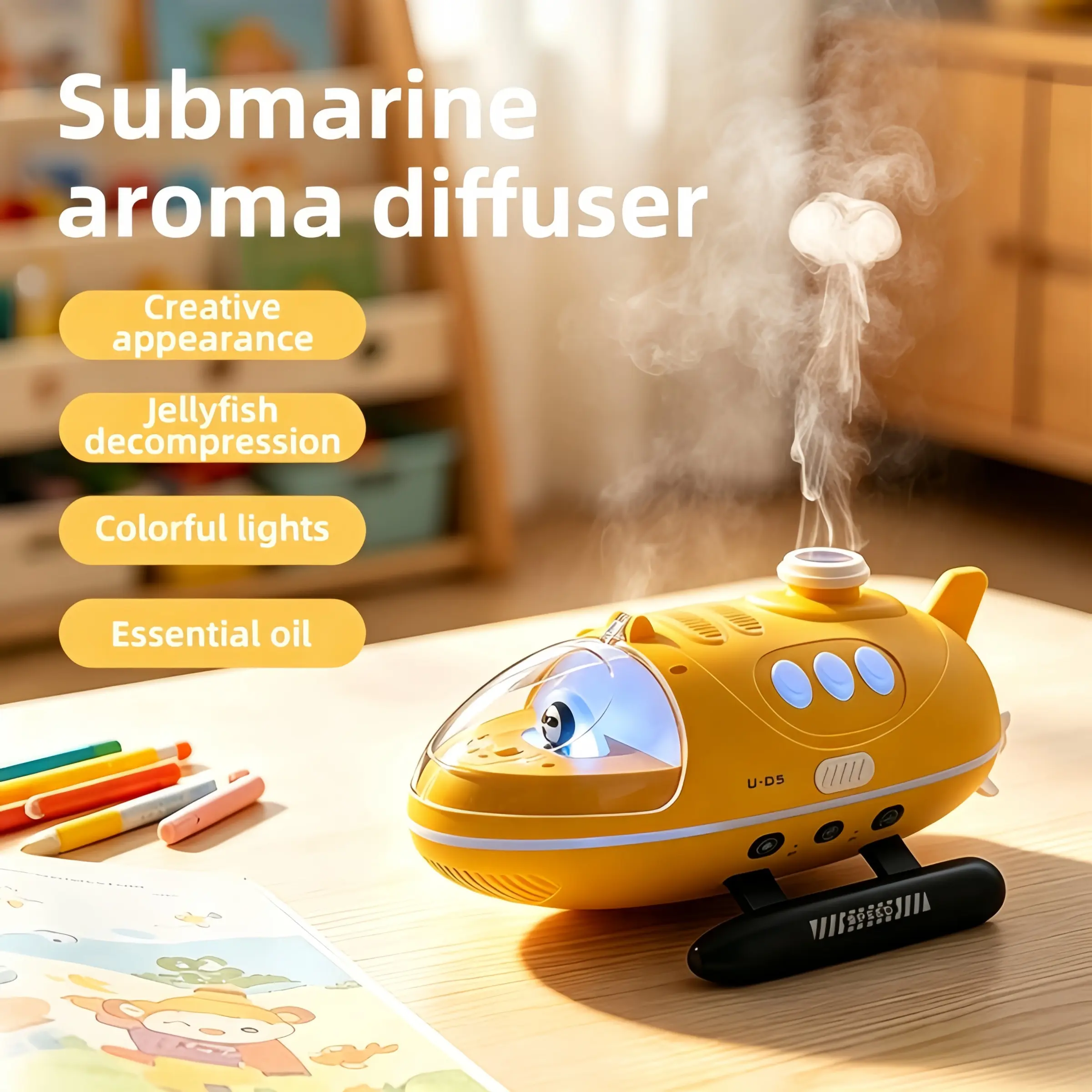 Submarine-Shaped Aroma Diffuser, Jellyfish LED Light, 250ML Ultrasonic Cool Mist, Auto Shut-Off, Silent Night Light, Unique Gift, Aroma Diffuser Humidifier