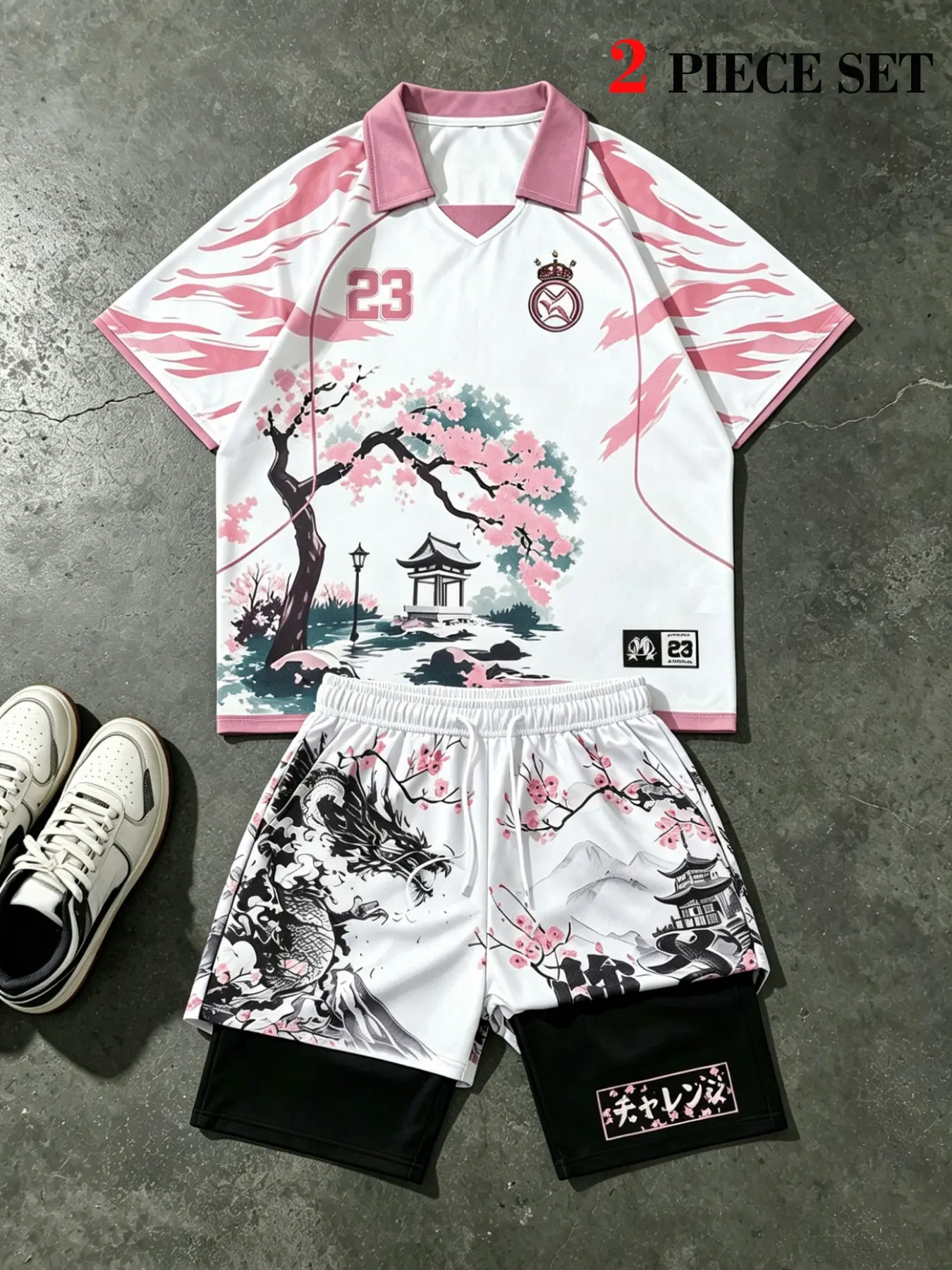 Men's Two-Piece Japanese Cherry Blossom Dragon Football Set, Collar 23 Short Sleeve Jersey, Quick-Dry Loose Summer Sports Soccer Jerseys Set
