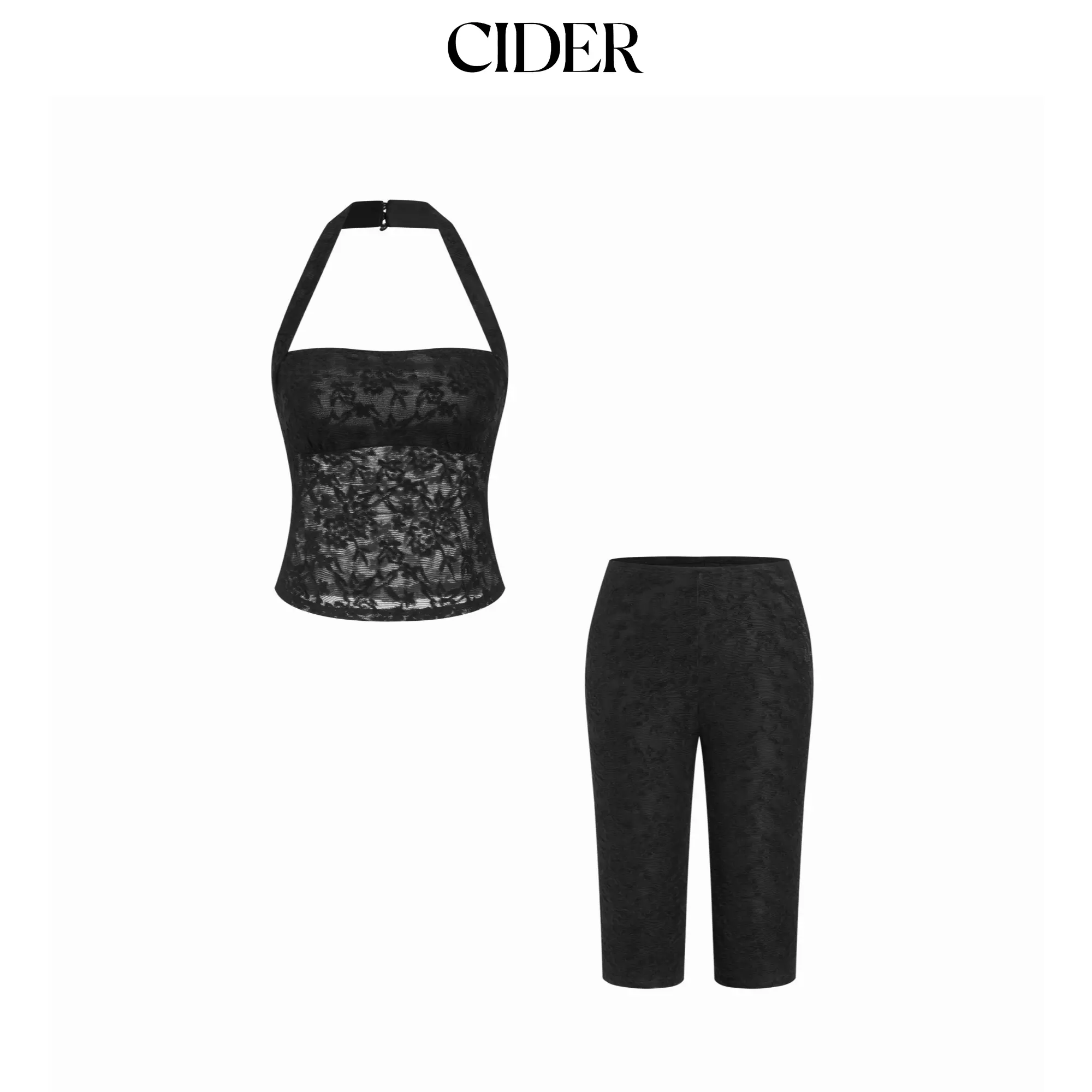 Cider Lace Halter Neckline Sleeveless Top & Lace Bermuda Shorts Set
