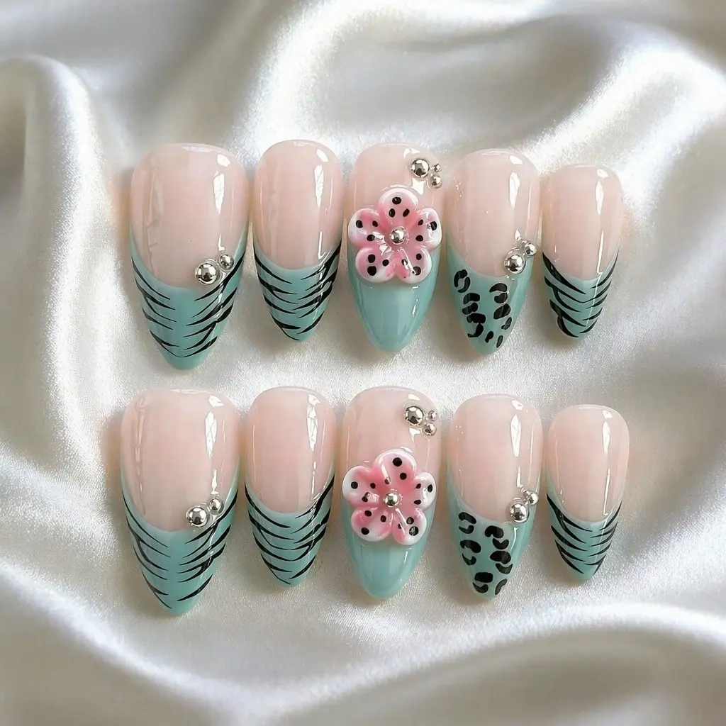 10Pcs Handmade Almond Press On Nails | Lake Blue Aquamarine Mint Green Nails 3D Floral Striped French Tip Design | Reusable Glitter Fake Nails Set | Spring Summer Daily Party Gift for Women Glossy 3D Nail Art Salon Quality
