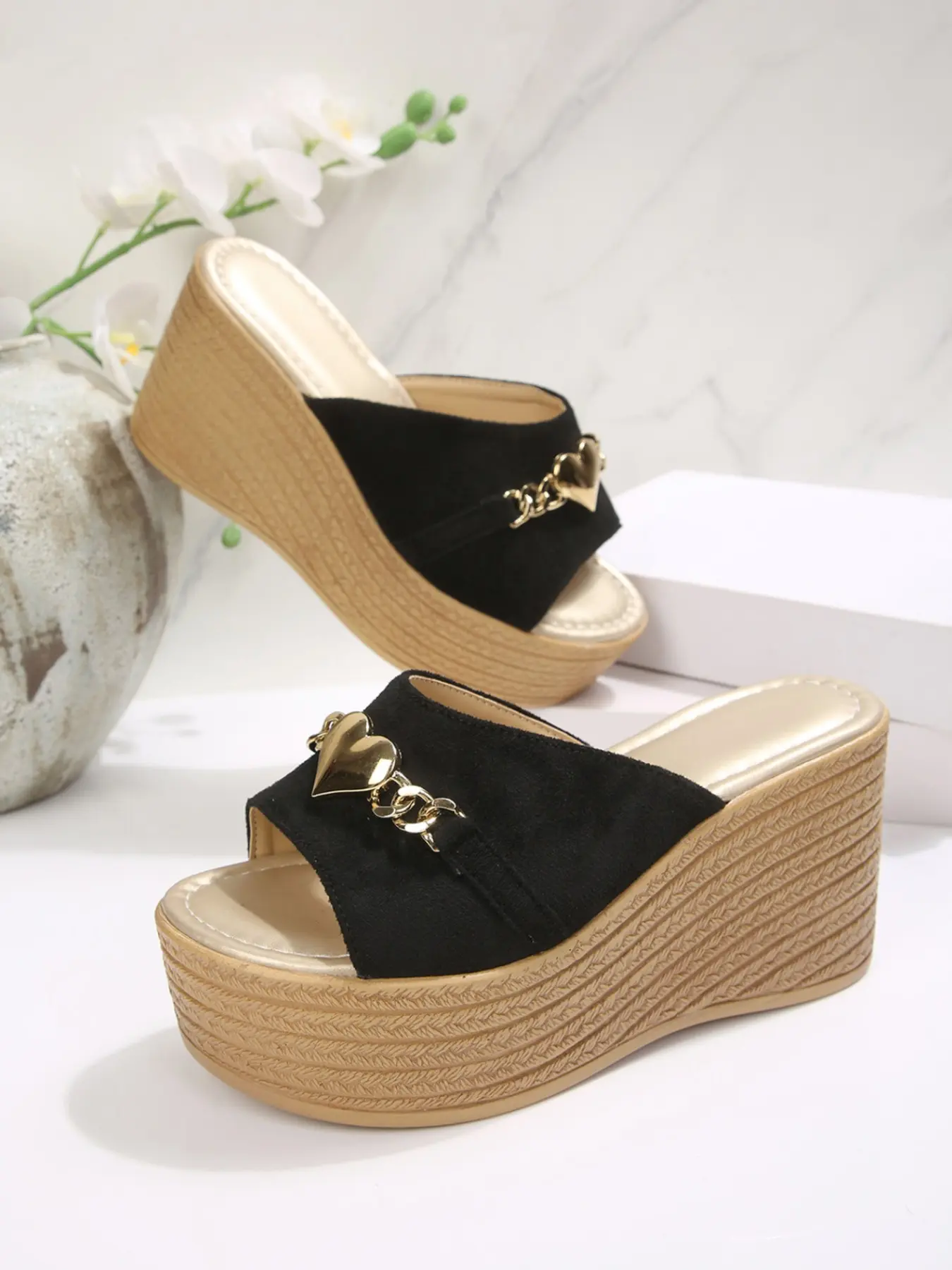 Velvet Heart Chain Wedge Heel Slides, Straw Texture Thick Sole, Waterproof Platform Sandals, Casual Outdoor Shoes