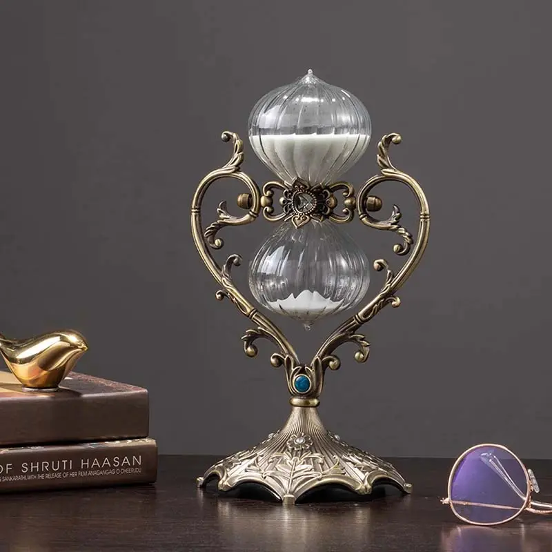 Love themed 60 minute DIY hourglass sand timer, vintage carved brass frame white sand clock, vintage 720 ° rotating metal sand table, a unique gift for home, office, and desk decoration - home and kitchen supplies storage