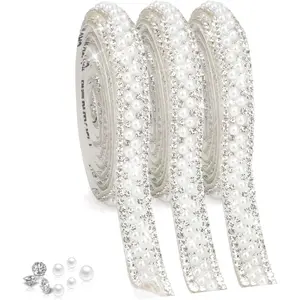 Ribbon Self Adhesive  Rhinestone Ribbon 3 Roll   Strips  Sticker Rhinestone Strips Tape Bling   Trim for Crafts DIY Phone Wedding Birthday Party Decor (3 Yard)