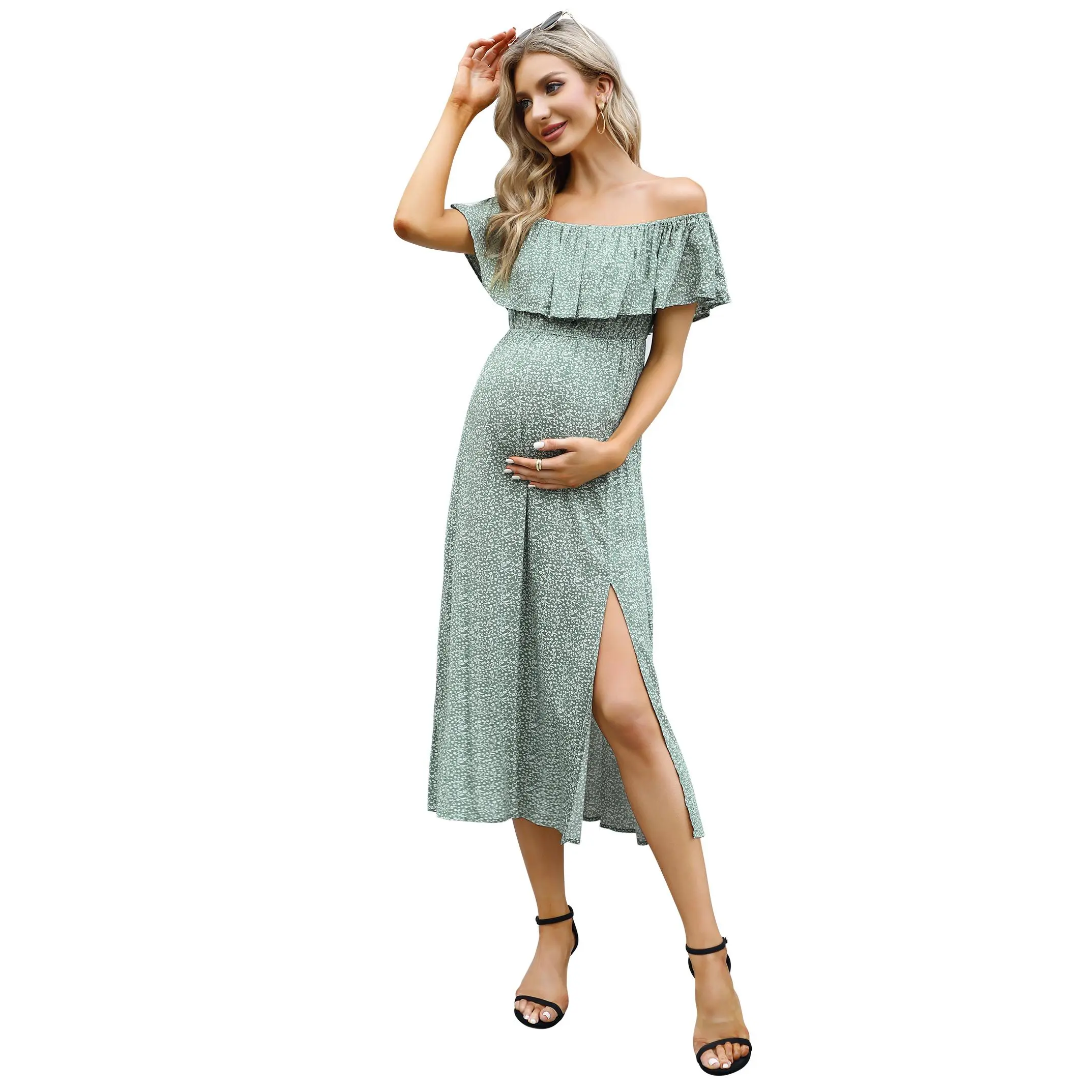 Limited-time clearance sale Yesfashion Women's Maternity Off-Shoulder Ruffle Split Maxi Dress - 100% Rayon Soft Flowy Loose-Fit Boho Summer Casual Dress for Beach Vacation, Party vacation wear elegant women