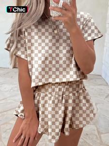 two-piece set women's colorblock plaid print short sleeve tee & high waist skirt, casual fashion cozy for daily outdoor wear, women clothes for spring fall, shortsleeve womenswear