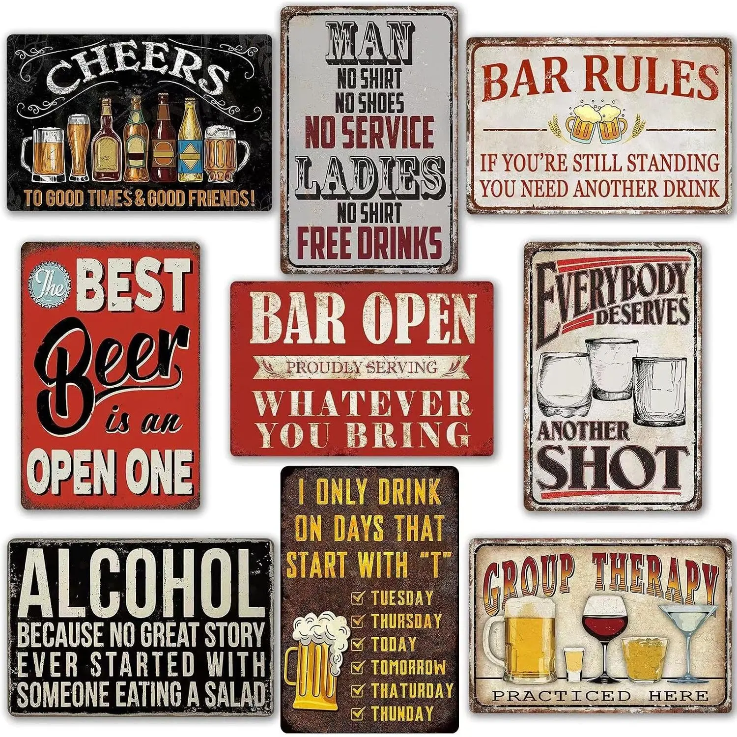 Funny Vintage Metal Tin Signs for Home Bar Decor, Man Cave Garage Pub Wall Art for Men, Open Rules Sign 8x12 Inch, 9 Pcs