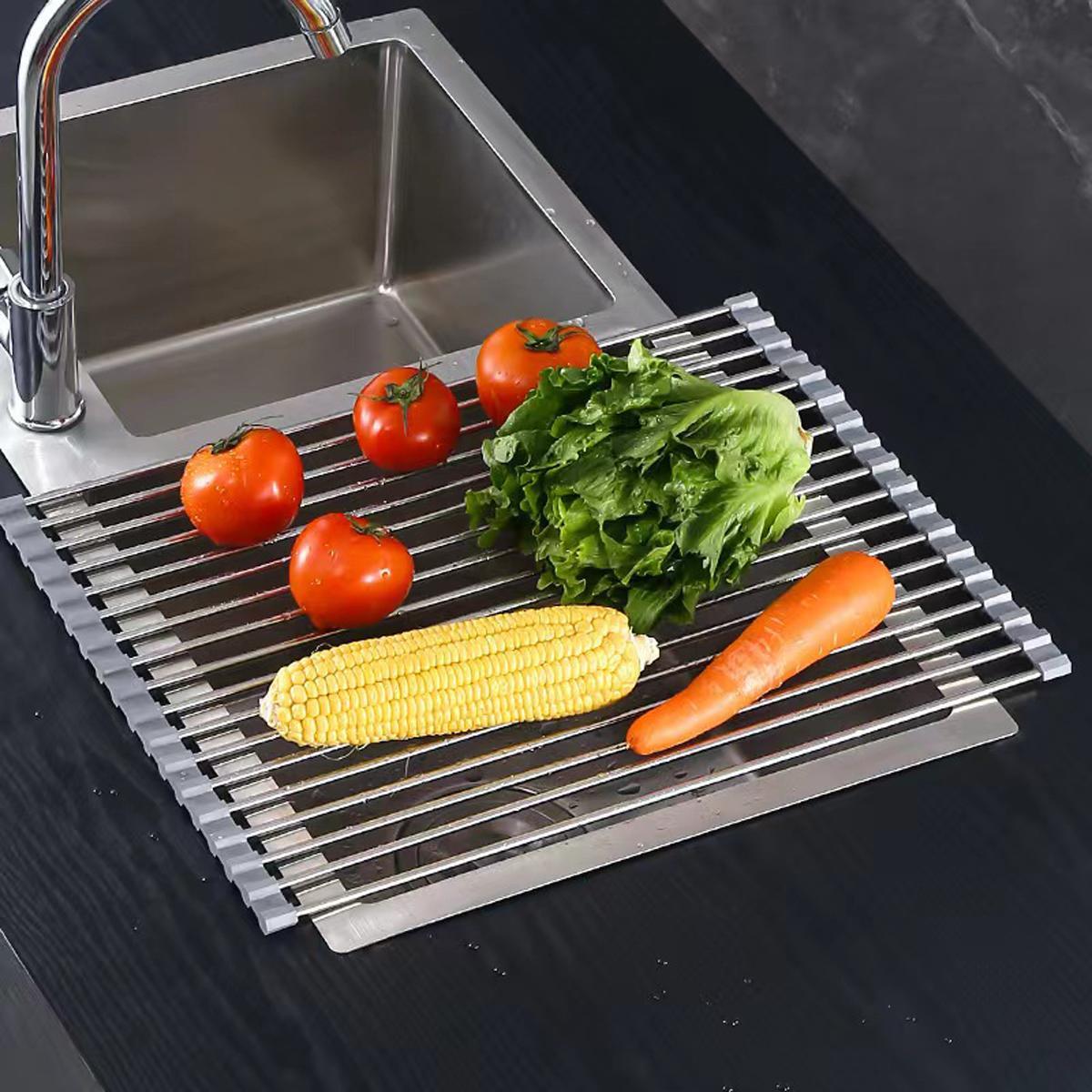 Stainless Steel Foldable Dish Drying Rack, 1 Count Roll Up Dish Drying Rack, Over The Sink Dish Drainer, Kitchen Counter Storage Rack