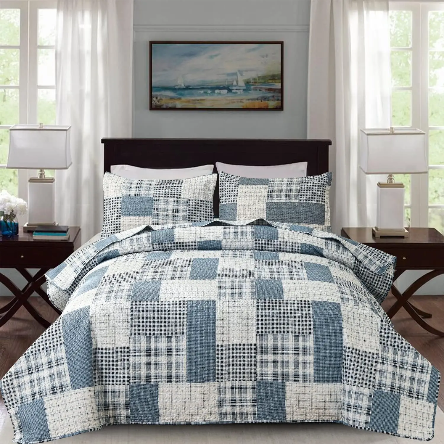 King Size 3-Piece Plaid Patchwork Bedding Set - Lightweight Reversible Coverlet with 2 Pillow Shams, Classic Traditional Blue Checkered Camping Bedding, Wrinkle Resistant All-Season Soft Bed Cover, Blue Checkered Bedding Sets Collections, Checked